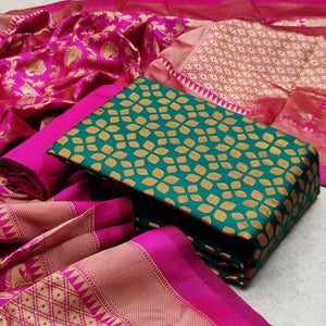Green Festive Wear Woven Banarasi Silk Dress Material - Peachmode