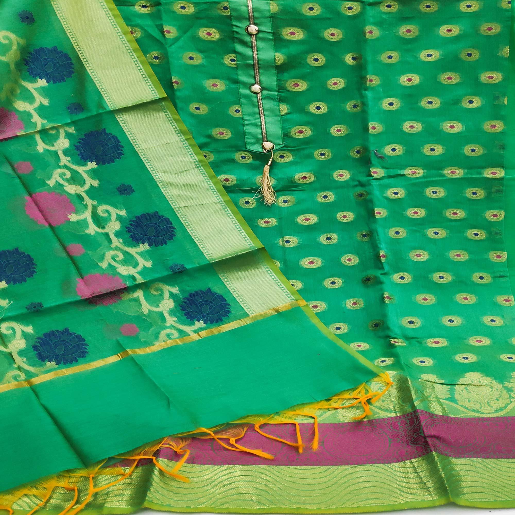 Green Festive Wear Woven Banarasi Silk Dress Material - Peachmode