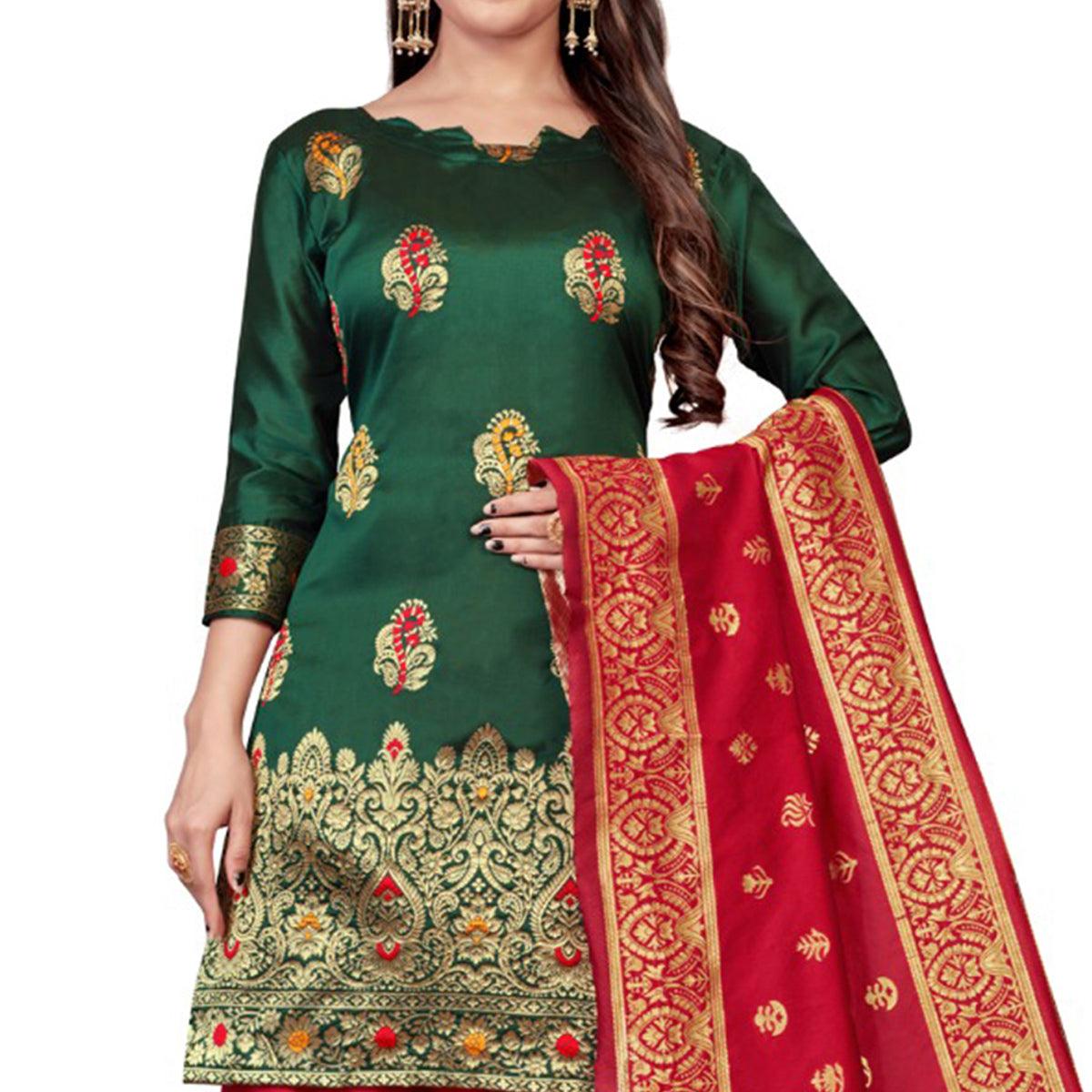 Green Festive Wear Woven Banarasi Silk Dress Material - Peachmode