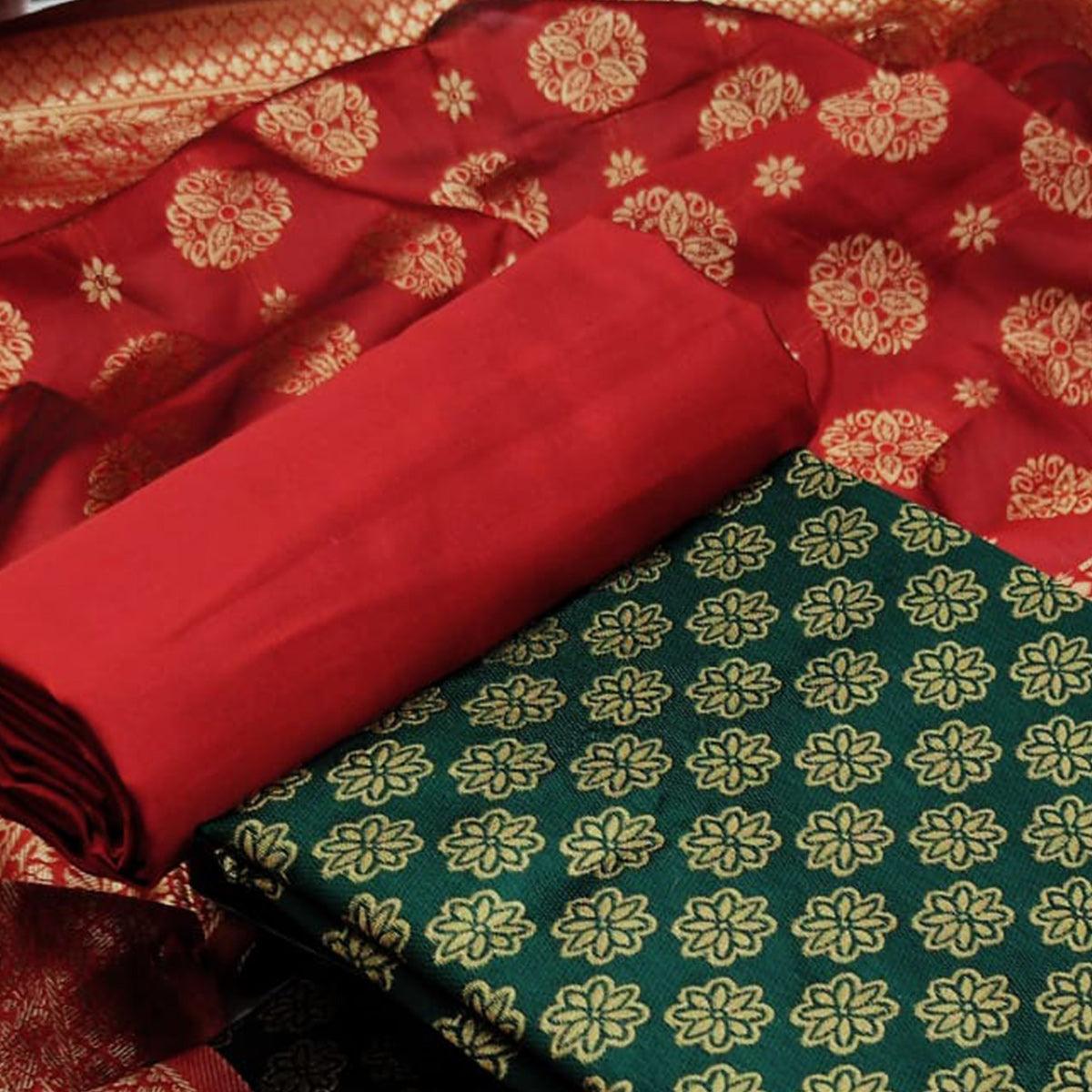 Green Festive Wear Woven Banarasi Silk Dress Material - Peachmode