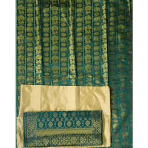 Green Festive Wear Woven Banarasi Silk Dress Material - Peachmode