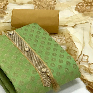 Green Festive Wear Woven Banarasi Silk Dress Material - Peachmode