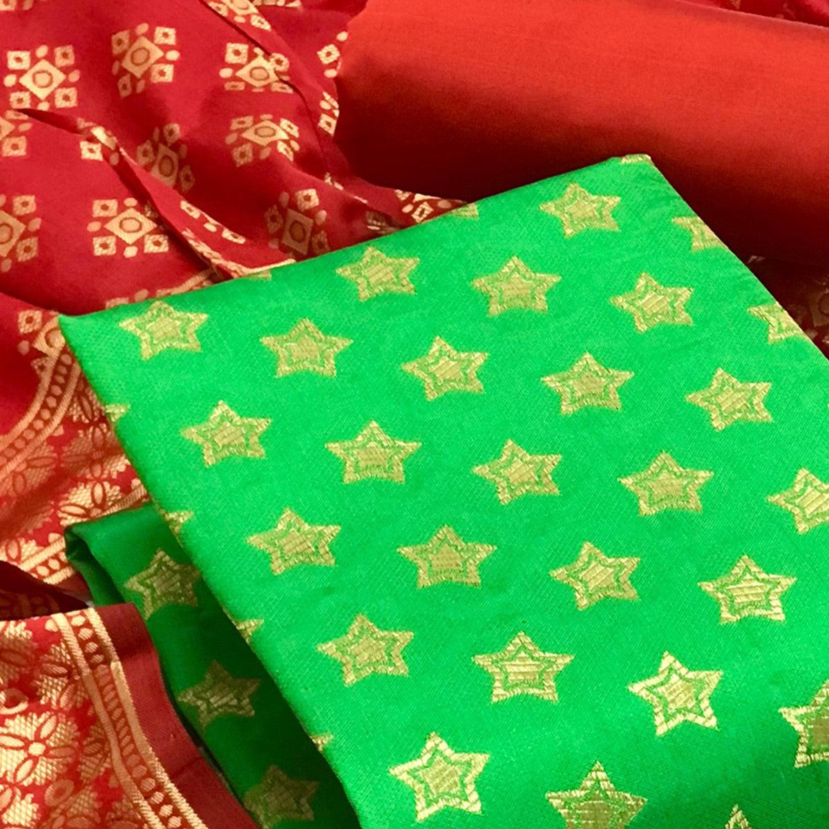 Green Festive Wear Woven Banarasi Silk Dress Material - Peachmode