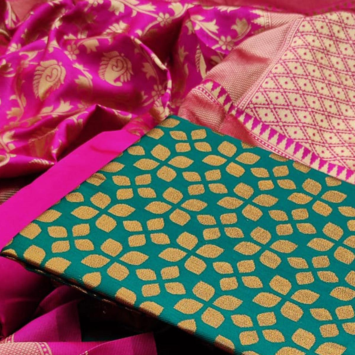 Green Festive Wear Woven Banarasi Silk Dress Material - Peachmode