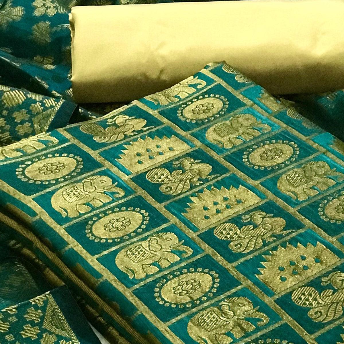 Green Festive Wear Woven Banarasi Silk Dress Material - Peachmode