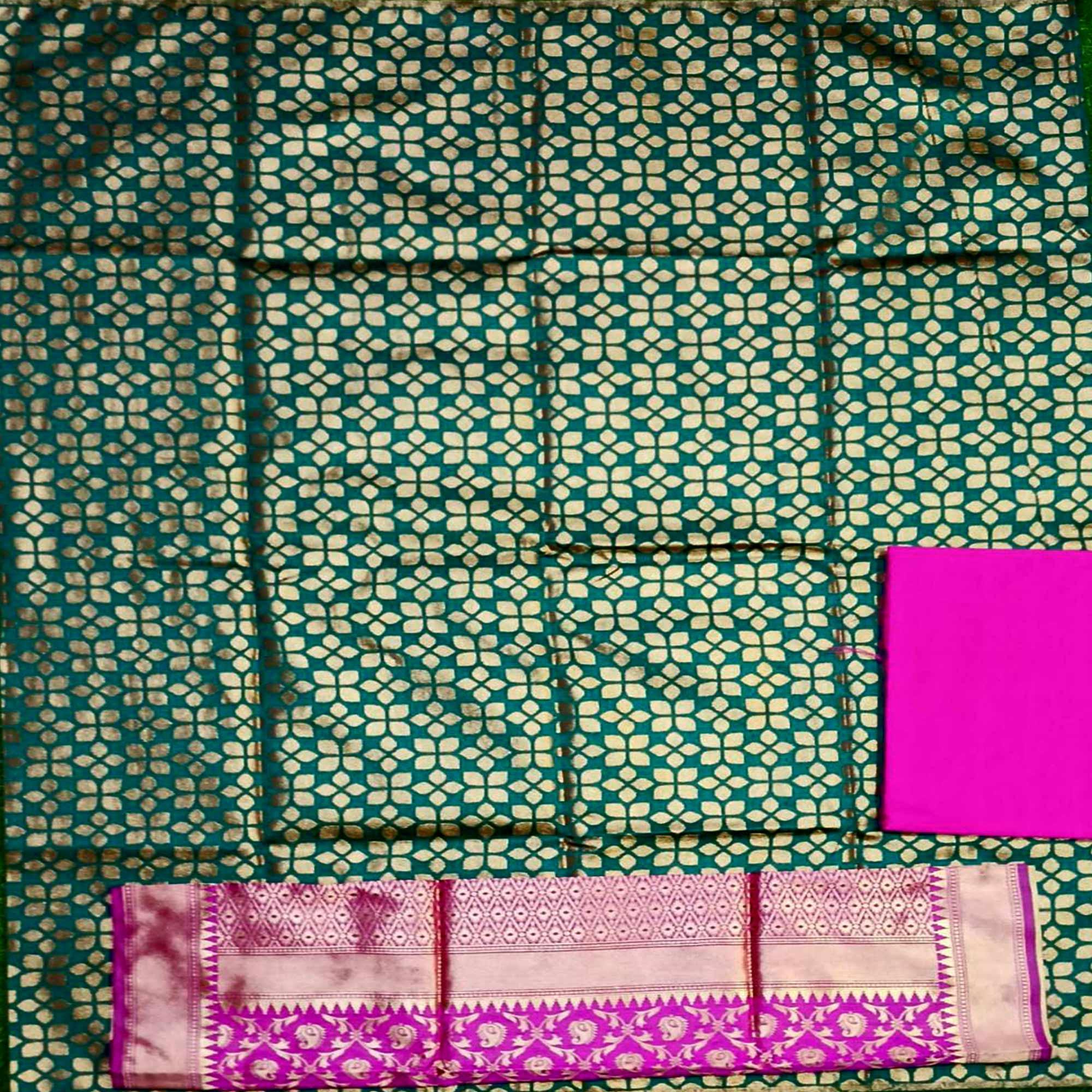 Green Festive Wear Woven Banarasi Silk Dress Material - Peachmode