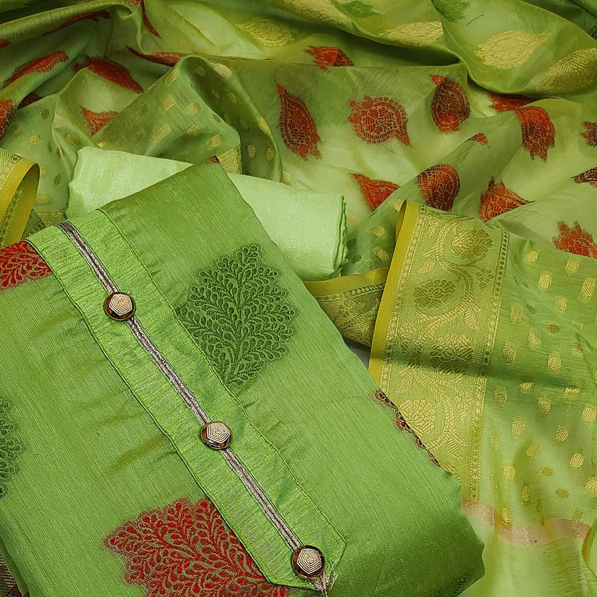 Green Festive Wear Woven Banarasi Silk Dress Material - Peachmode