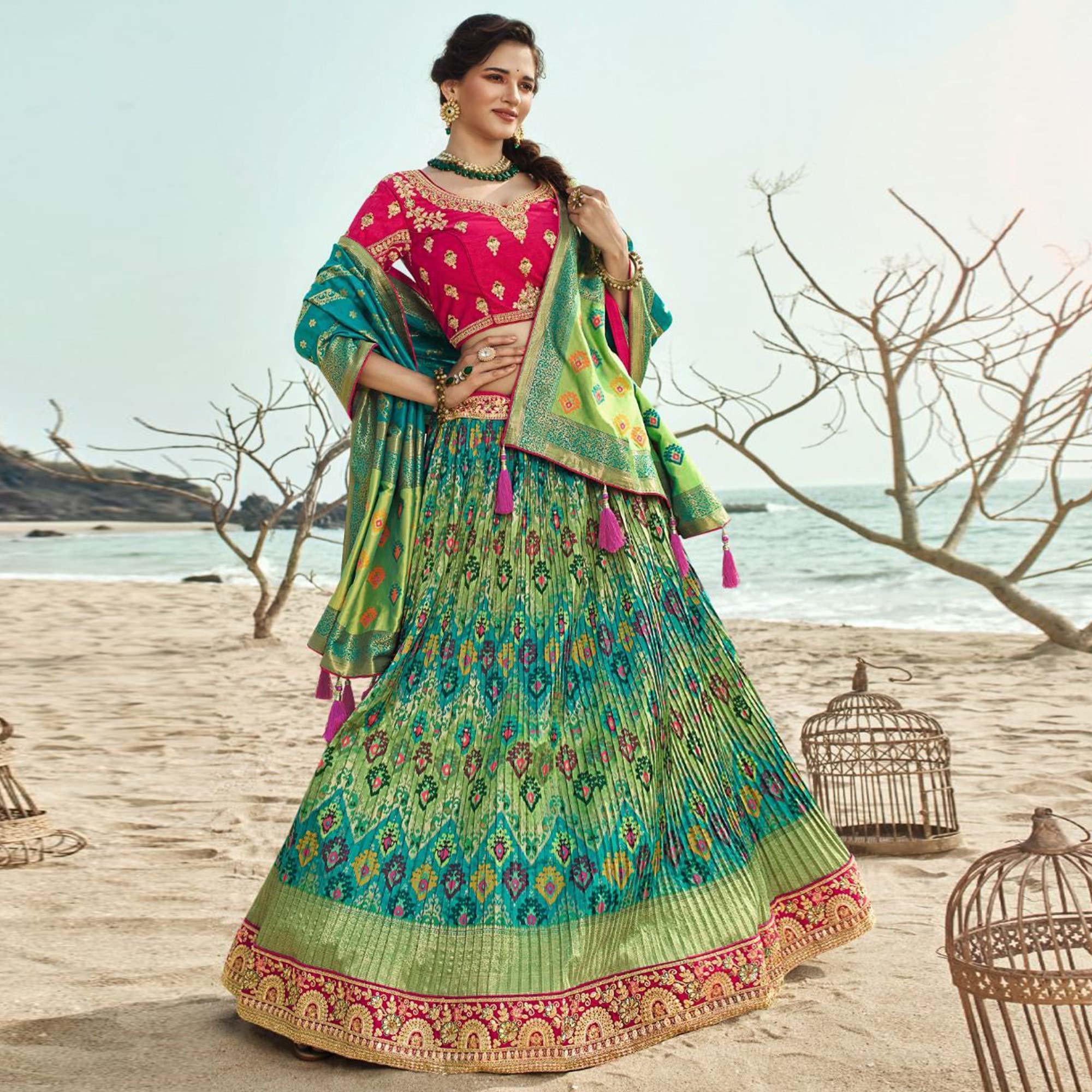 Green Festive Wear Woven Banarasi Silk Lehenga - Peachmode