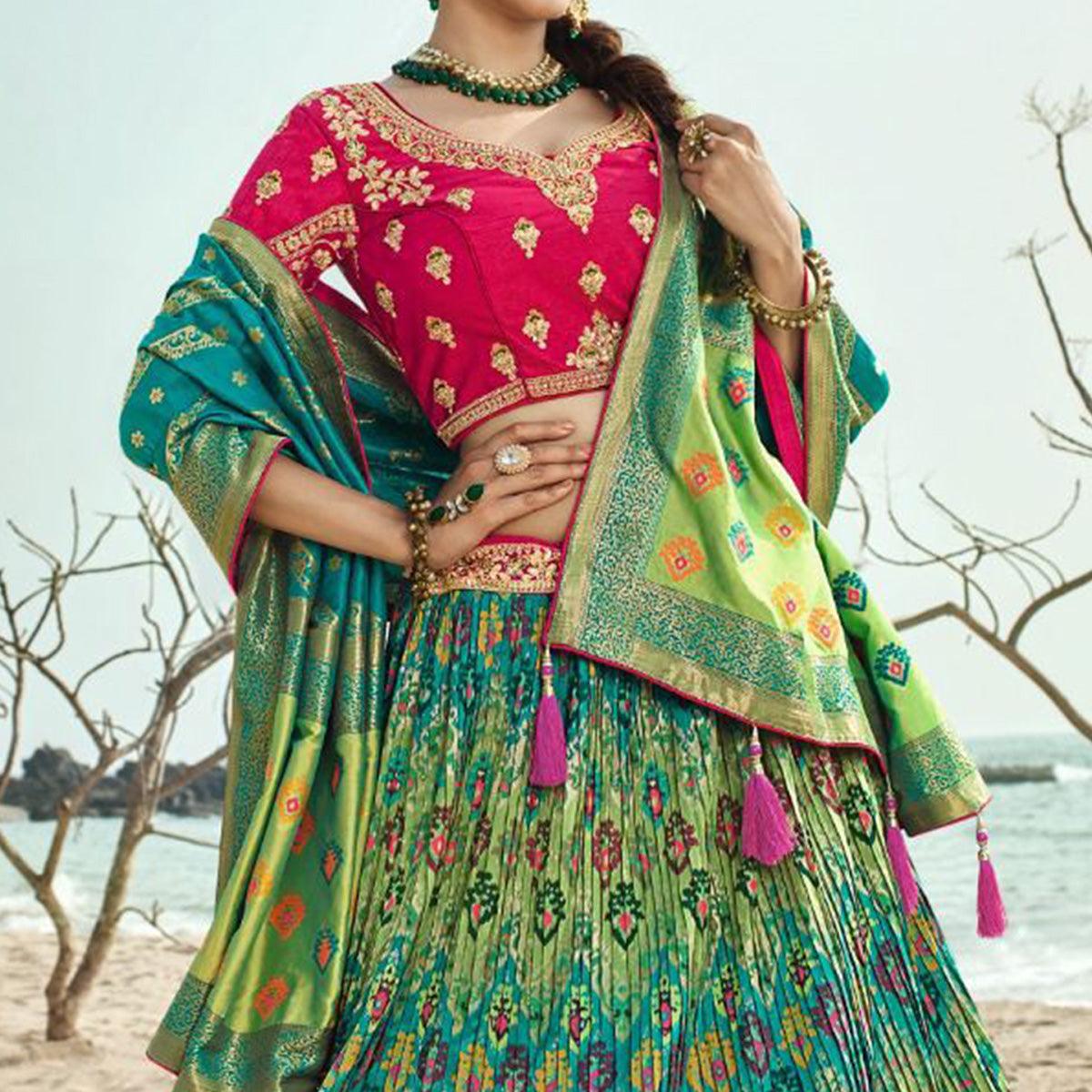 Green Festive Wear Woven Banarasi Silk Lehenga - Peachmode