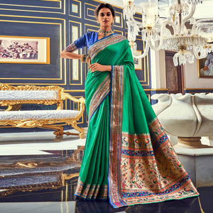 Green Festive Wear Woven Banarasi Silk Paithani Saree - Peachmode