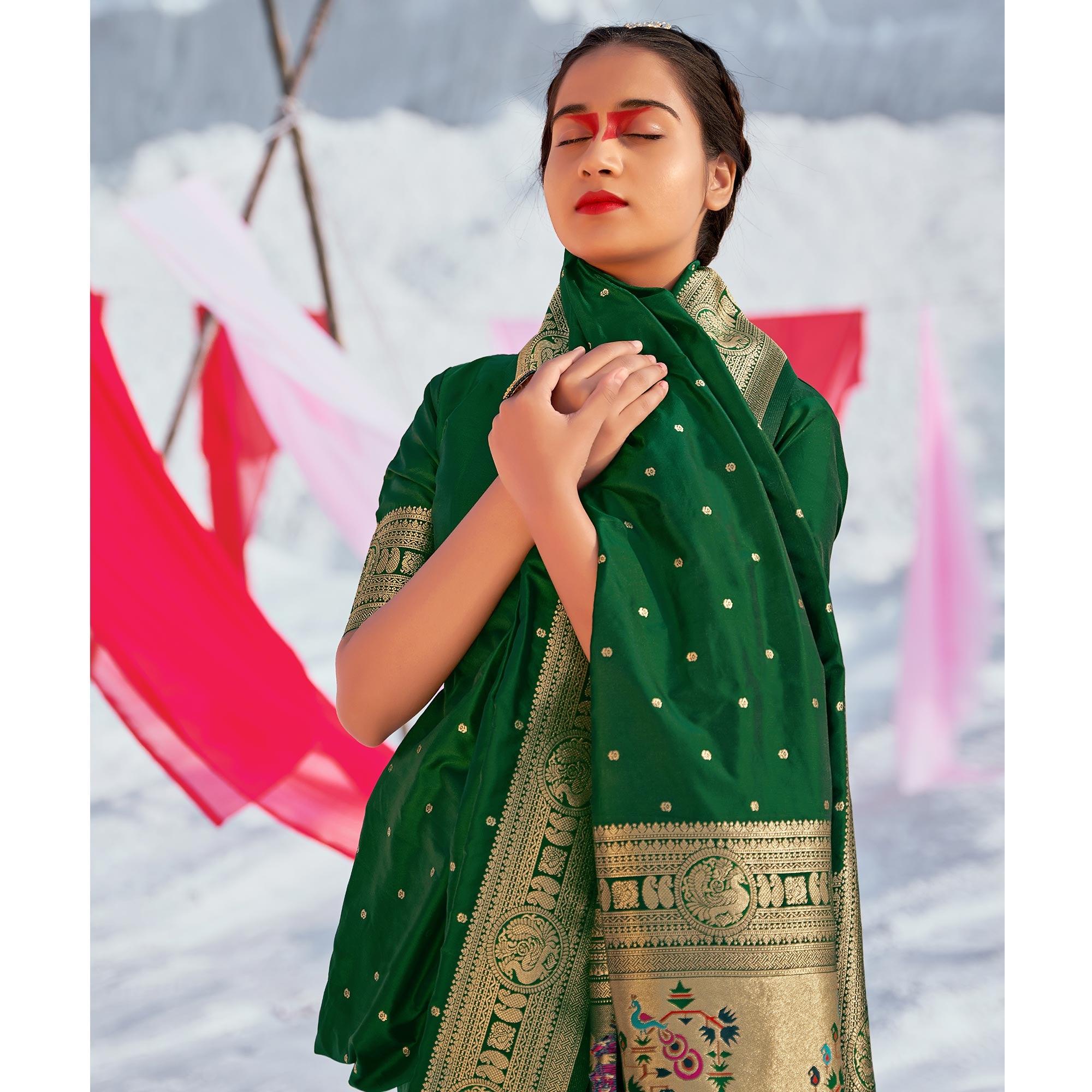 Green Festive Wear Woven Banarasi Silk Paithani Saree - Peachmode