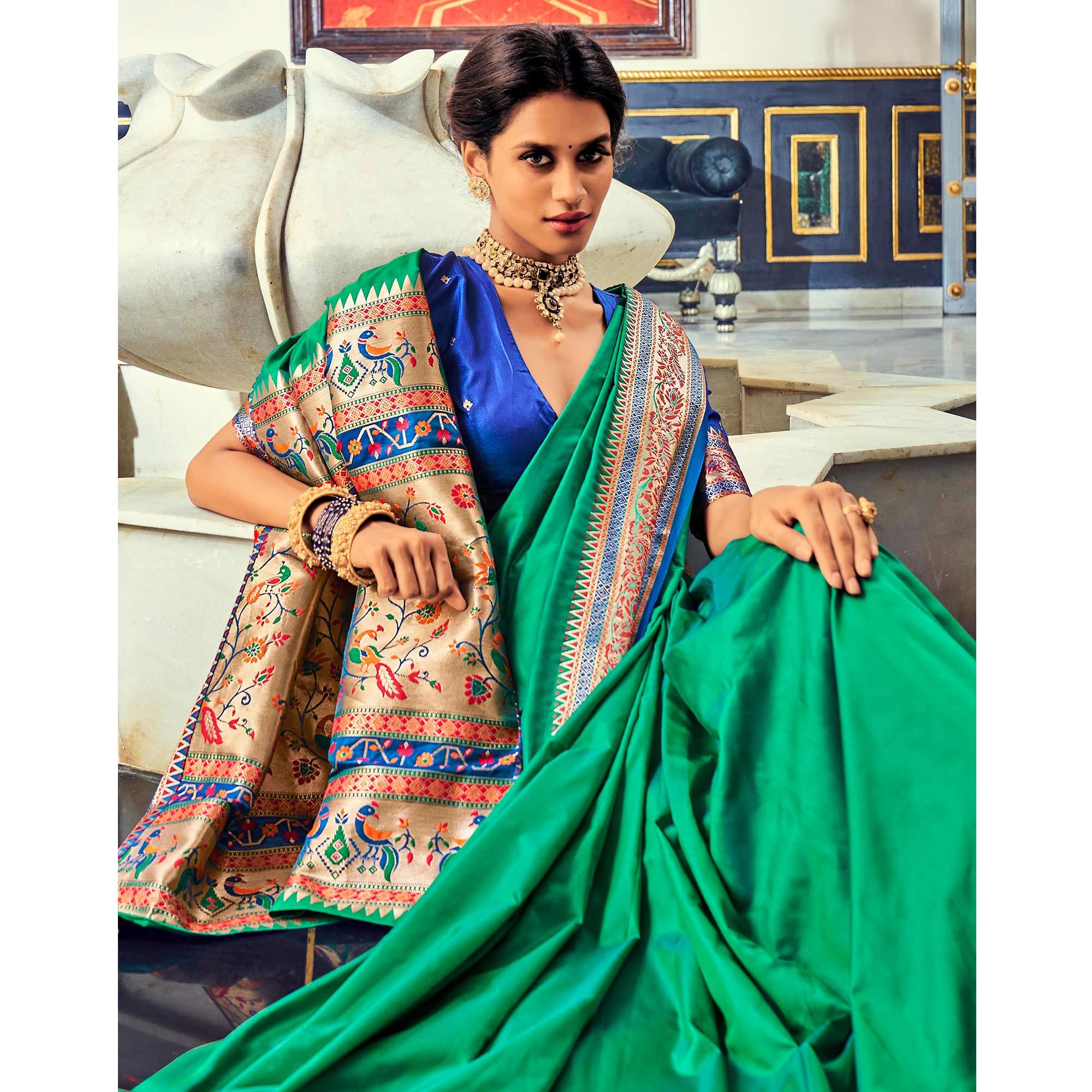 Green Festive Wear Woven Banarasi Silk Paithani Saree - Peachmode