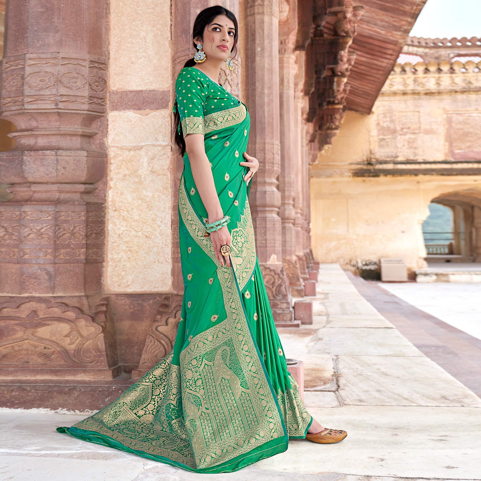 Green Festive Wear Woven Banarasi Silk Saree - Peachmode