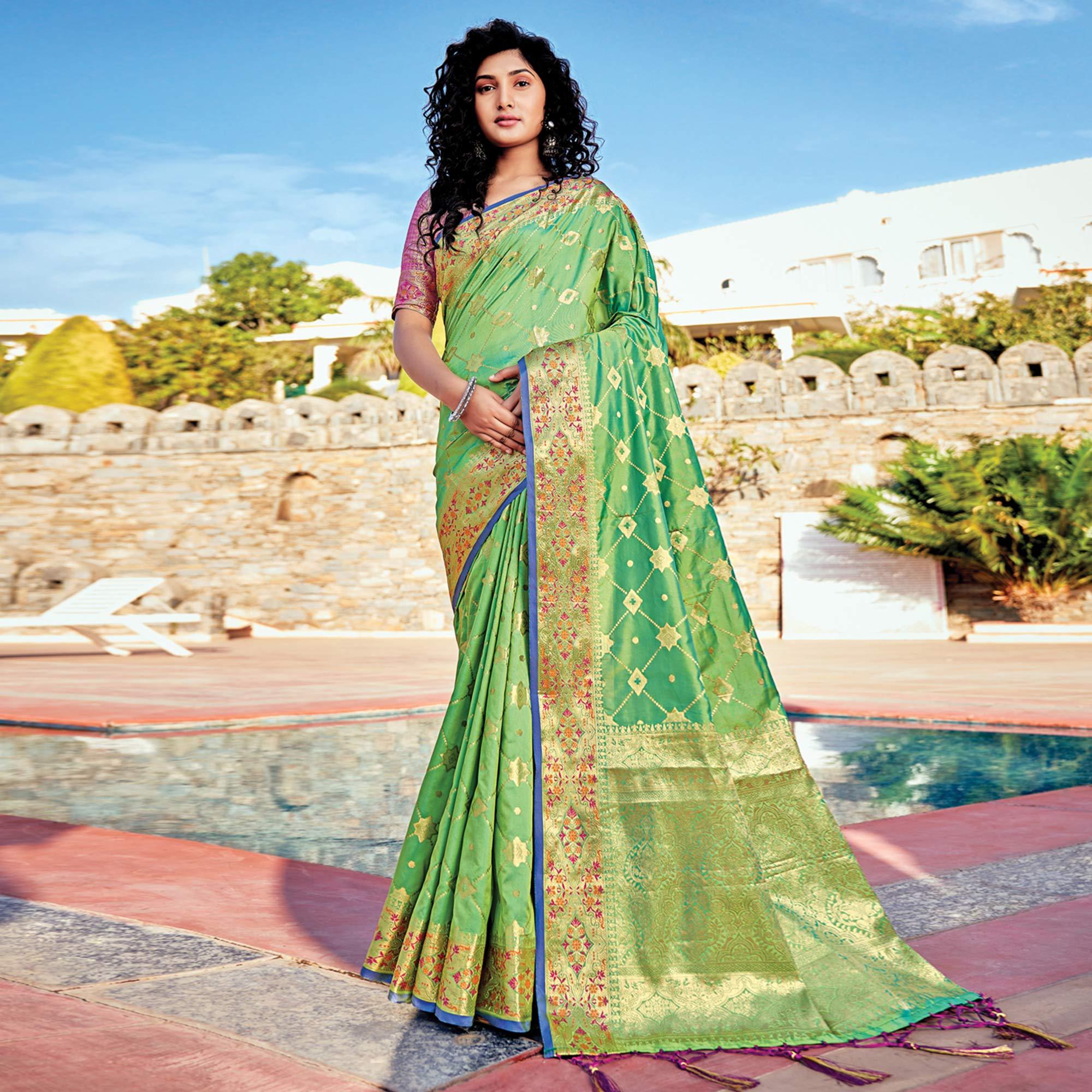 Green Festive Wear Woven Banarasi Silk Saree - Peachmode