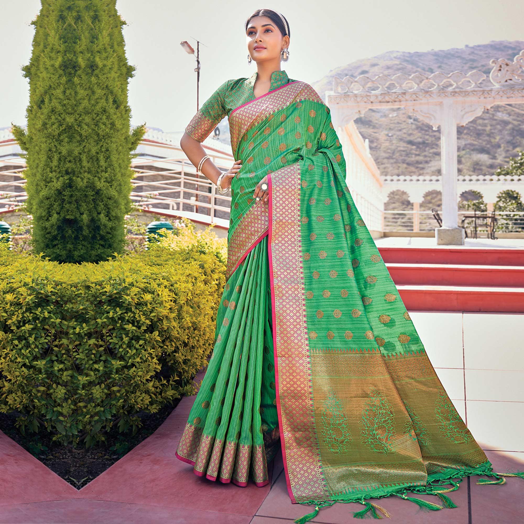 Green Festive Wear Woven Banarasi Silk Saree - Peachmode