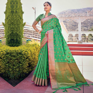 Green Festive Wear Woven Banarasi Silk Saree - Peachmode