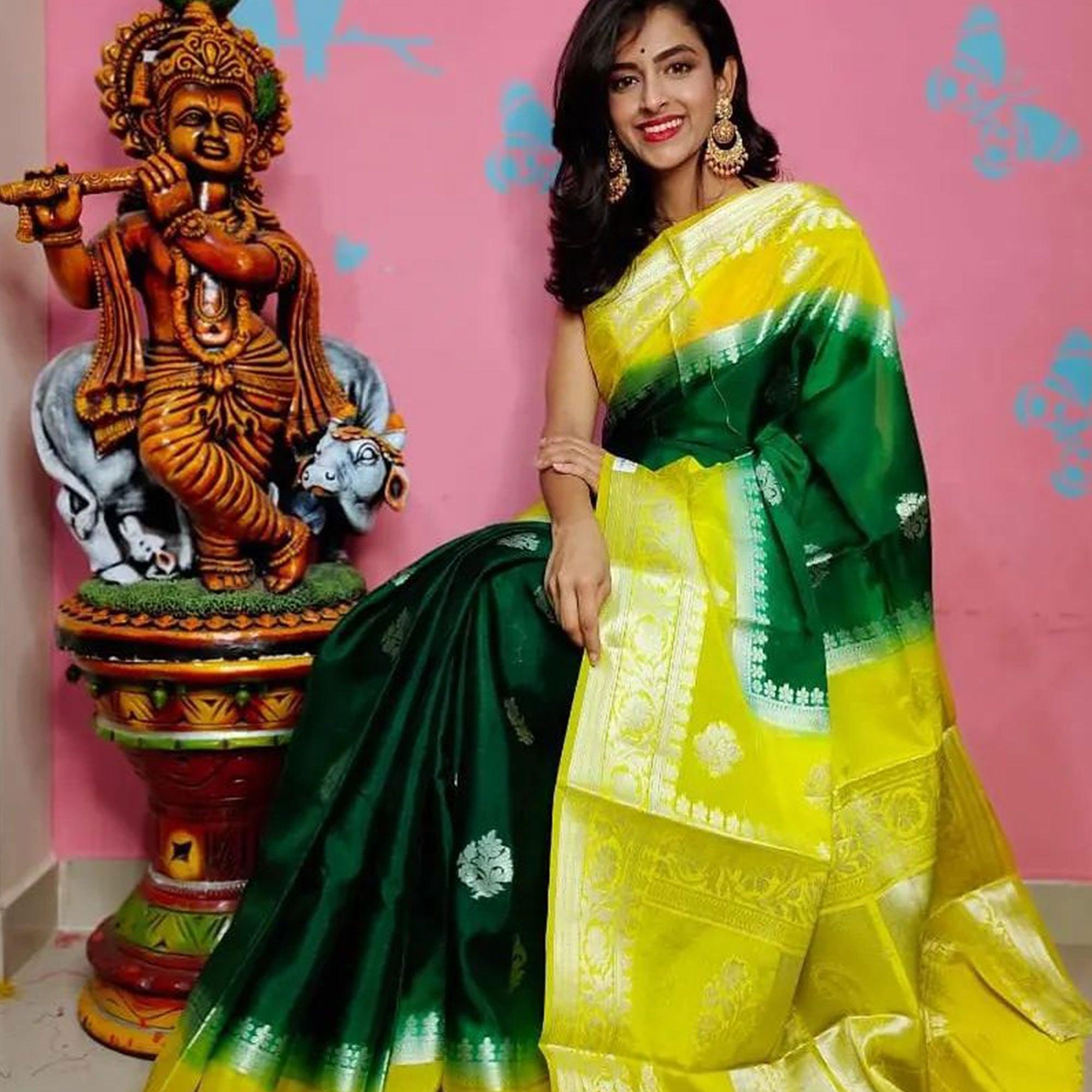 Green Festive Wear Woven Banarasi Silk Saree - Peachmode