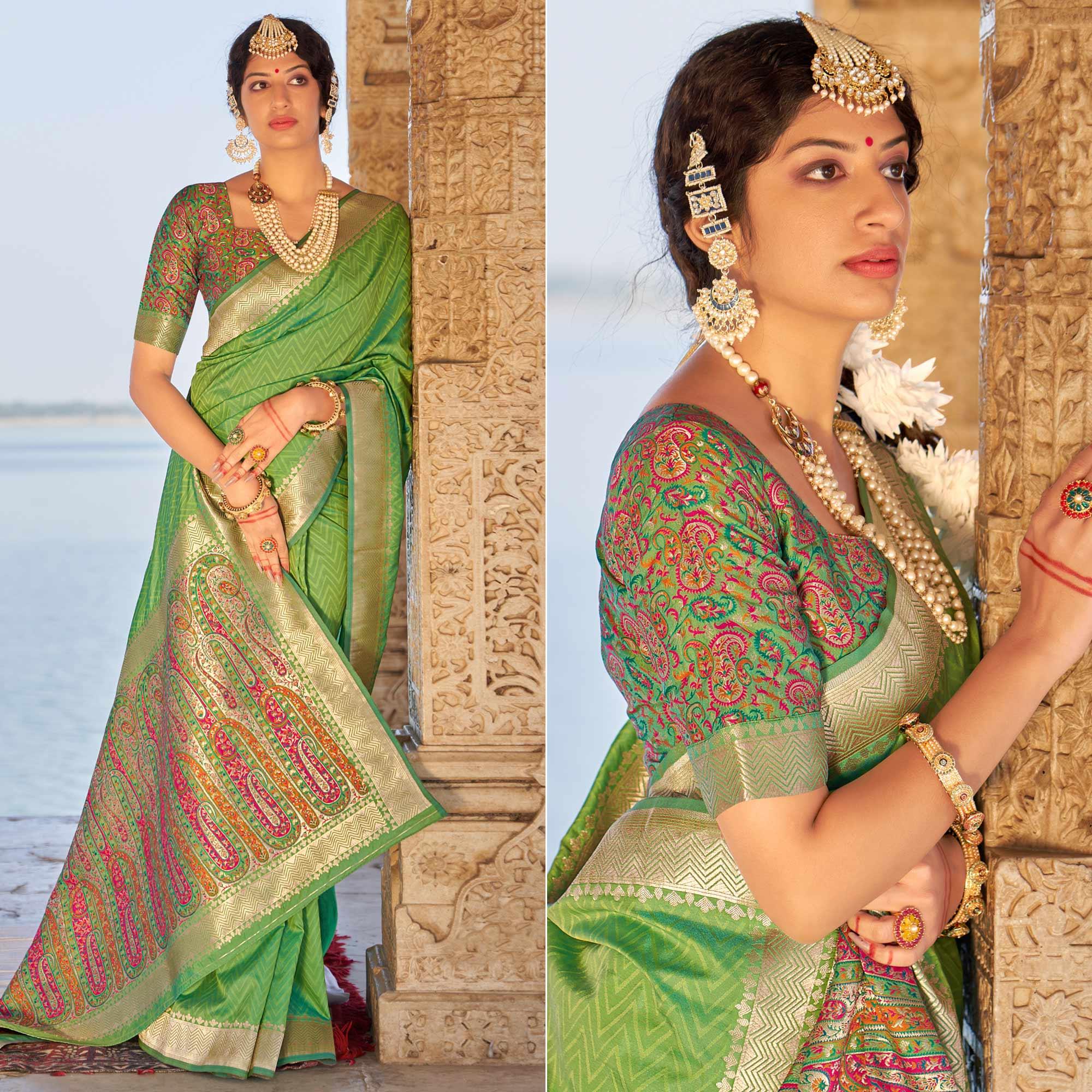 Green Festive Wear Woven Banarasi Silk Saree - Peachmode