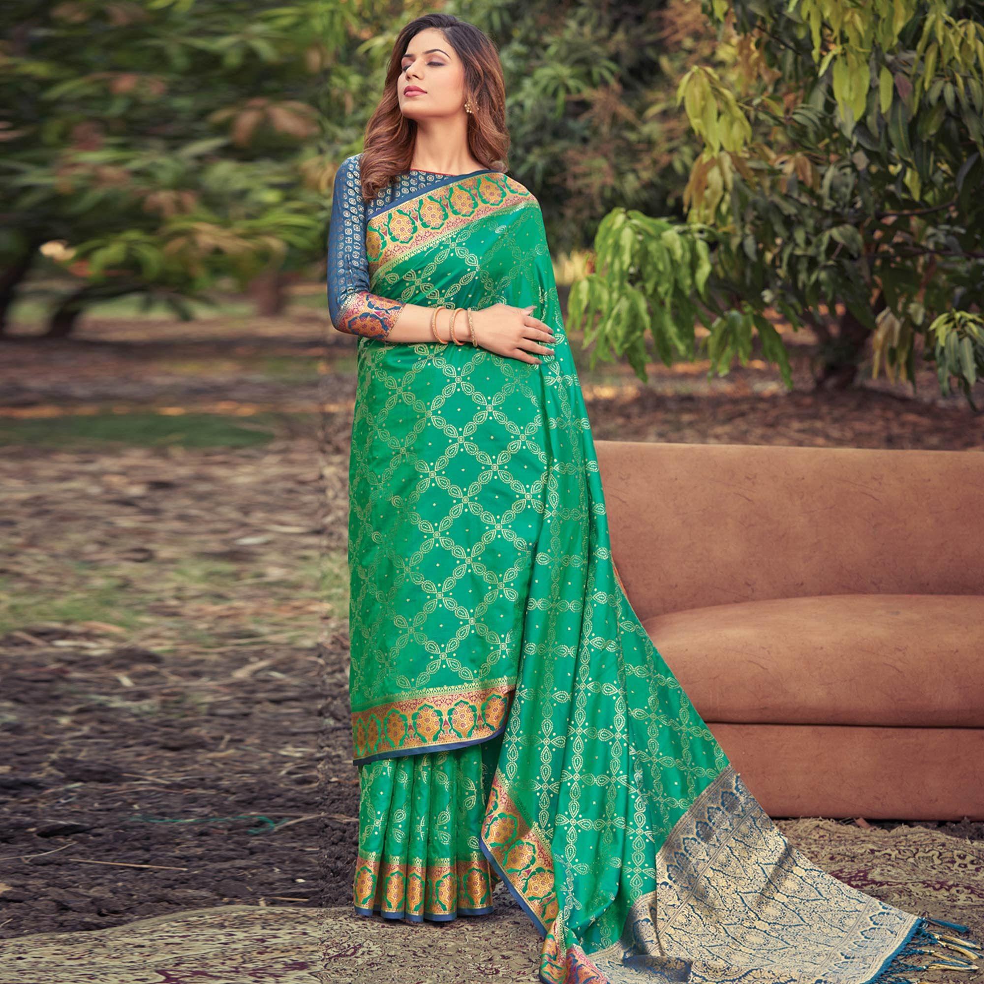 Green Festive Wear Woven Banarasi Silk Saree - Peachmode