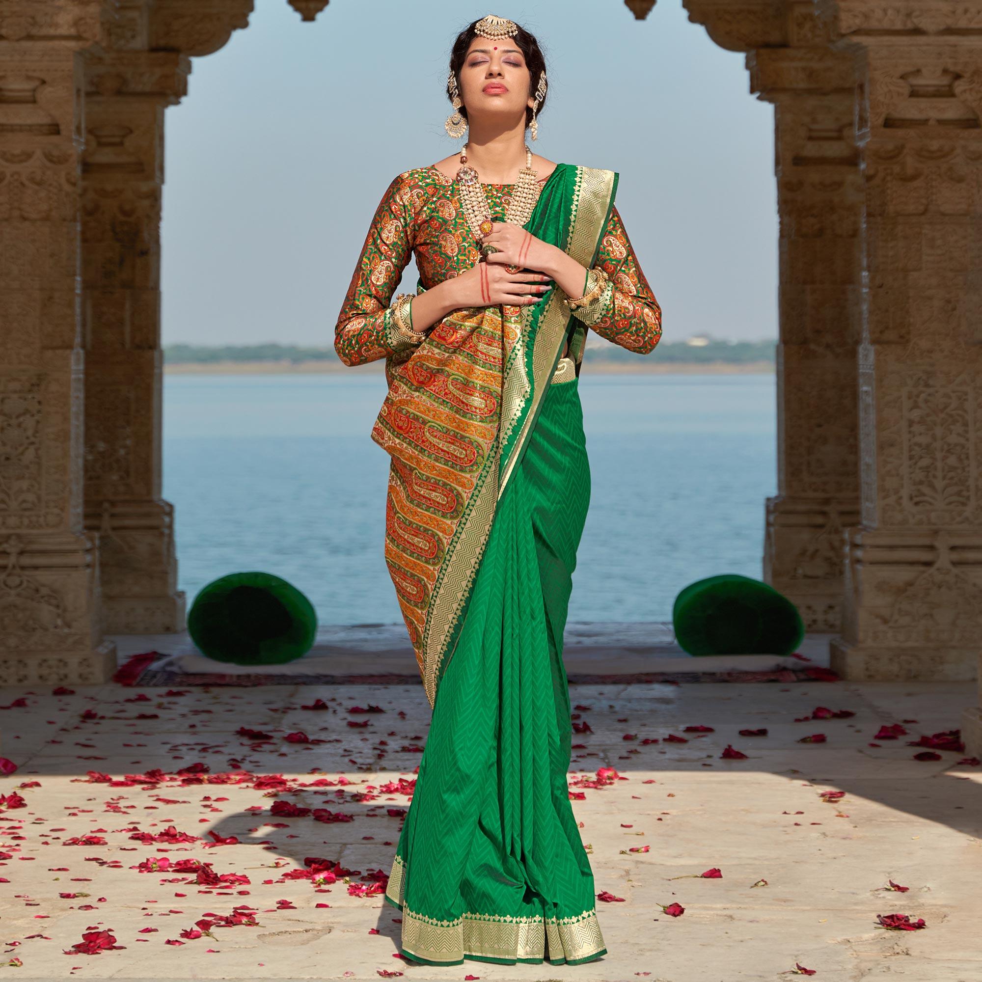 Green Festive Wear Woven Banarasi Silk Saree - Peachmode