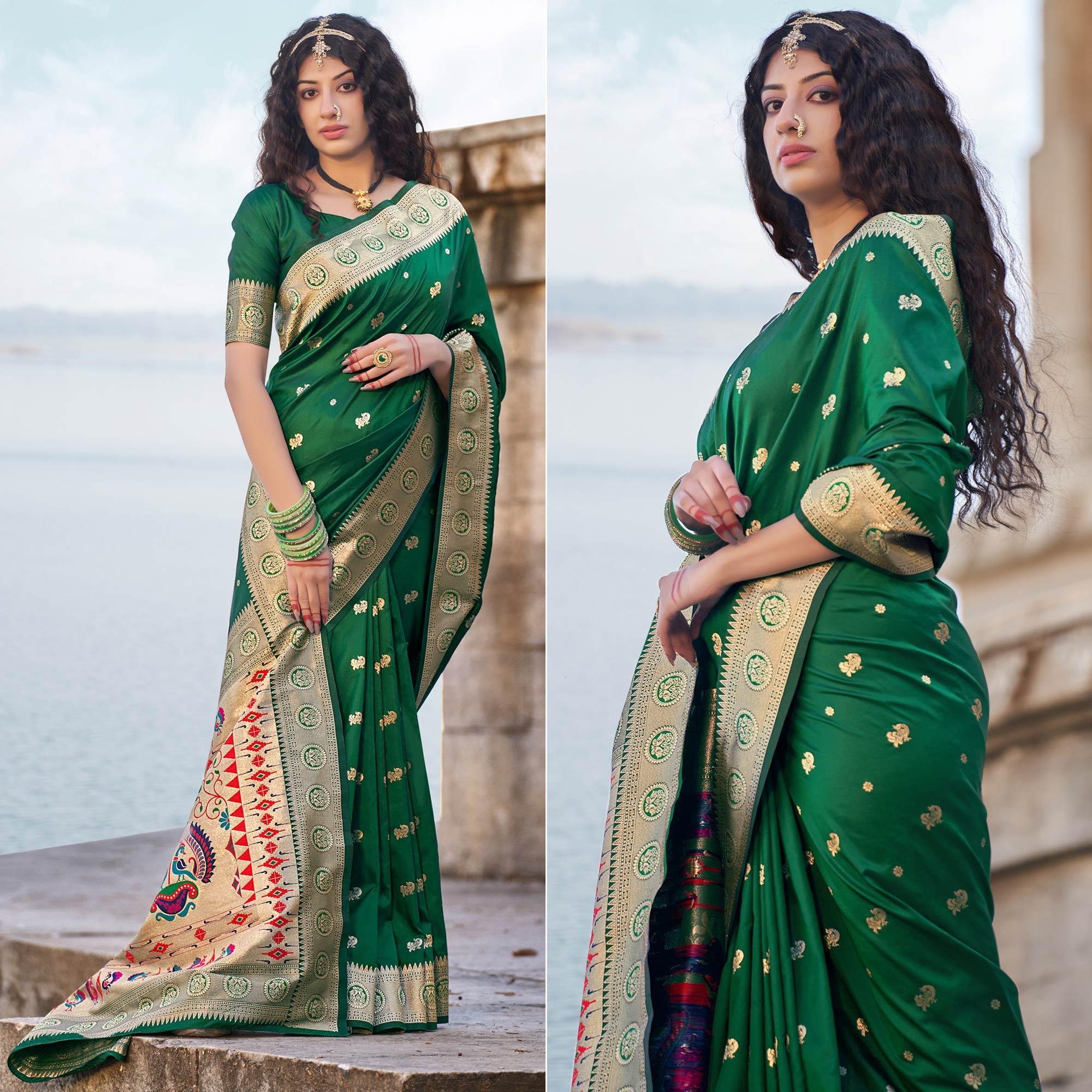 Green Festive Wear Woven Banarasi Silk Saree - Peachmode
