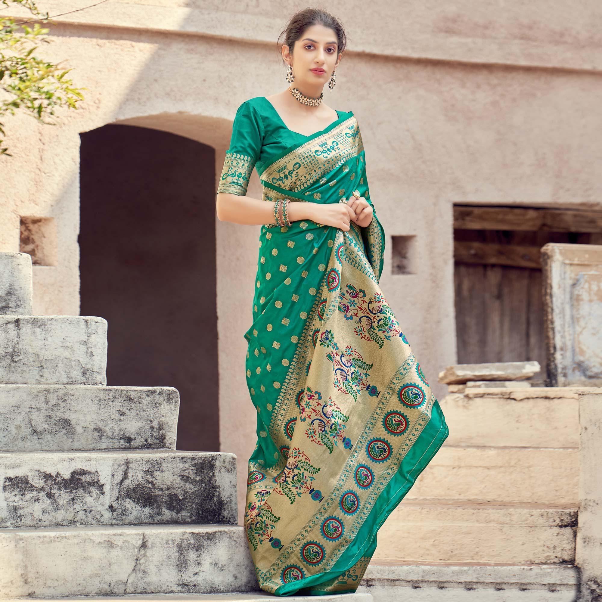 Green Festive Wear Woven Banarasi Silk Saree - Peachmode