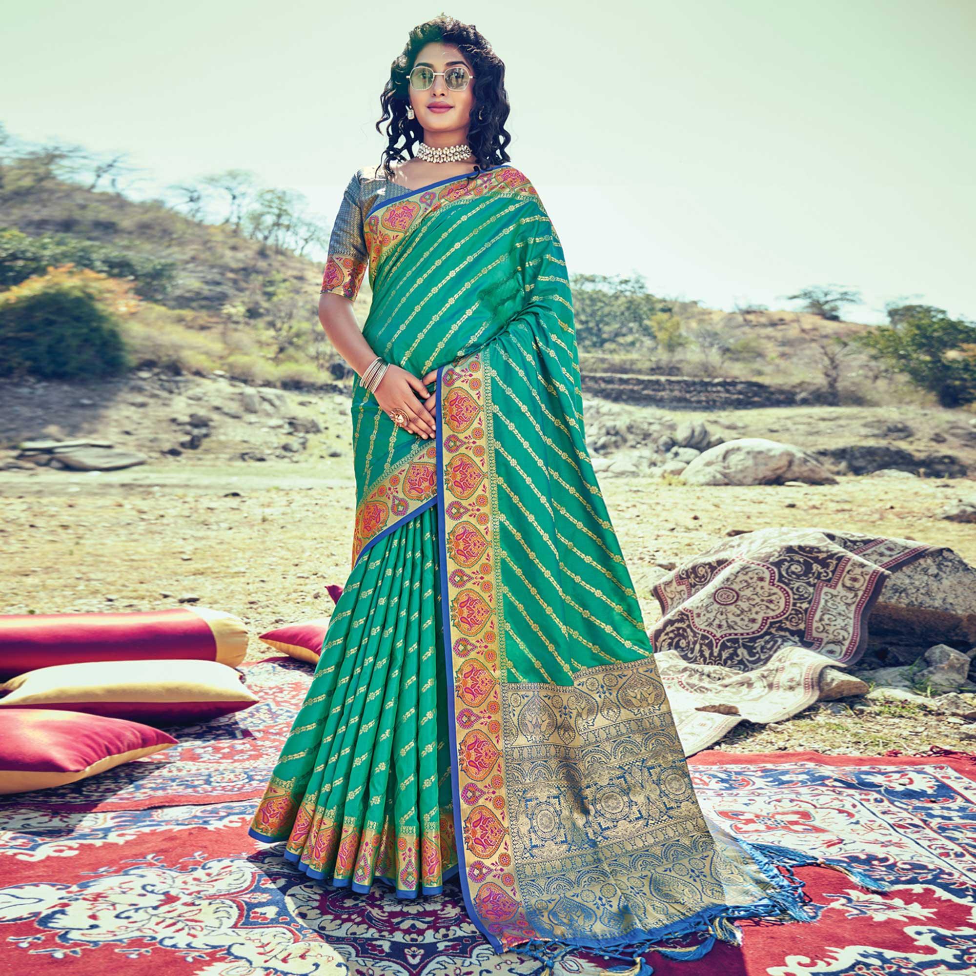 Green Festive Wear Woven Banarasi Silk Saree - Peachmode