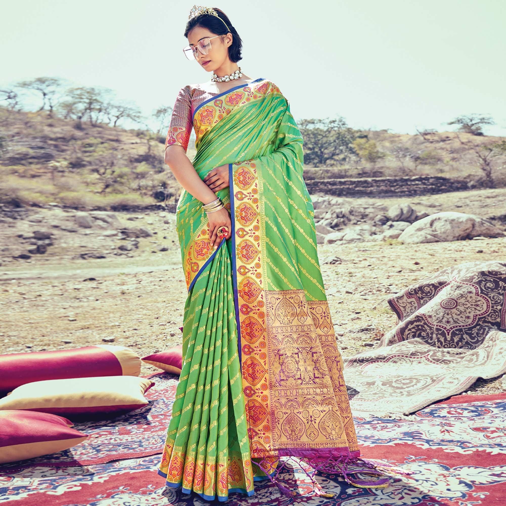 Green Festive Wear Woven Banarasi Silk Saree - Peachmode