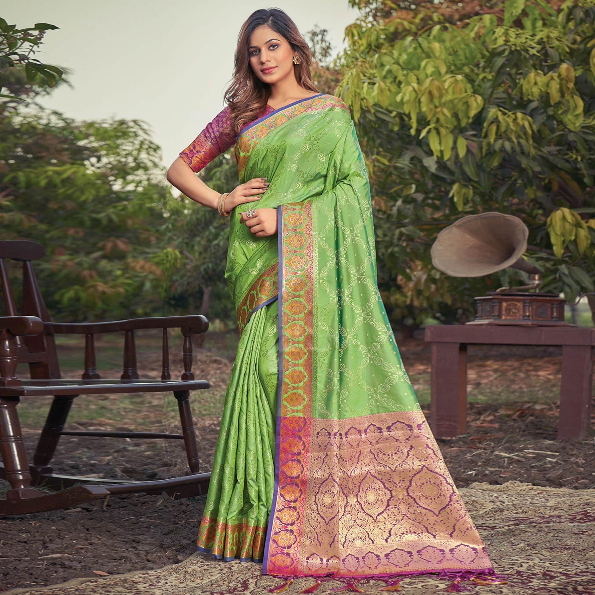 Green Festive Wear Woven Banarasi Silk Saree - Peachmode