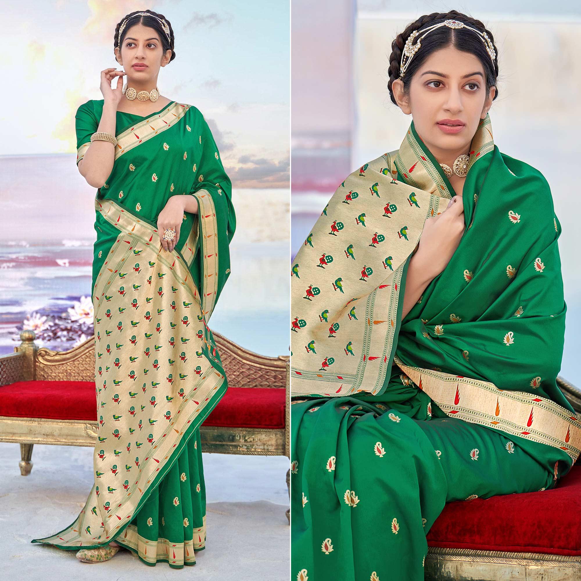 Green Festive Wear Woven Banarasi Silk Saree - Peachmode