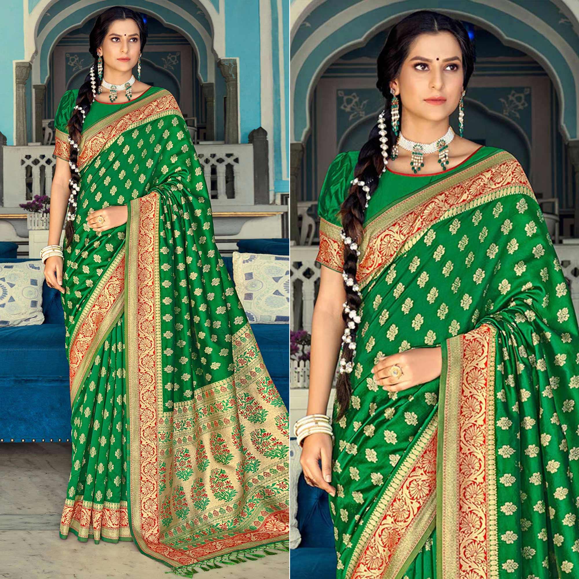 Green Festive Wear Woven Banarasi Silk Saree - Peachmode