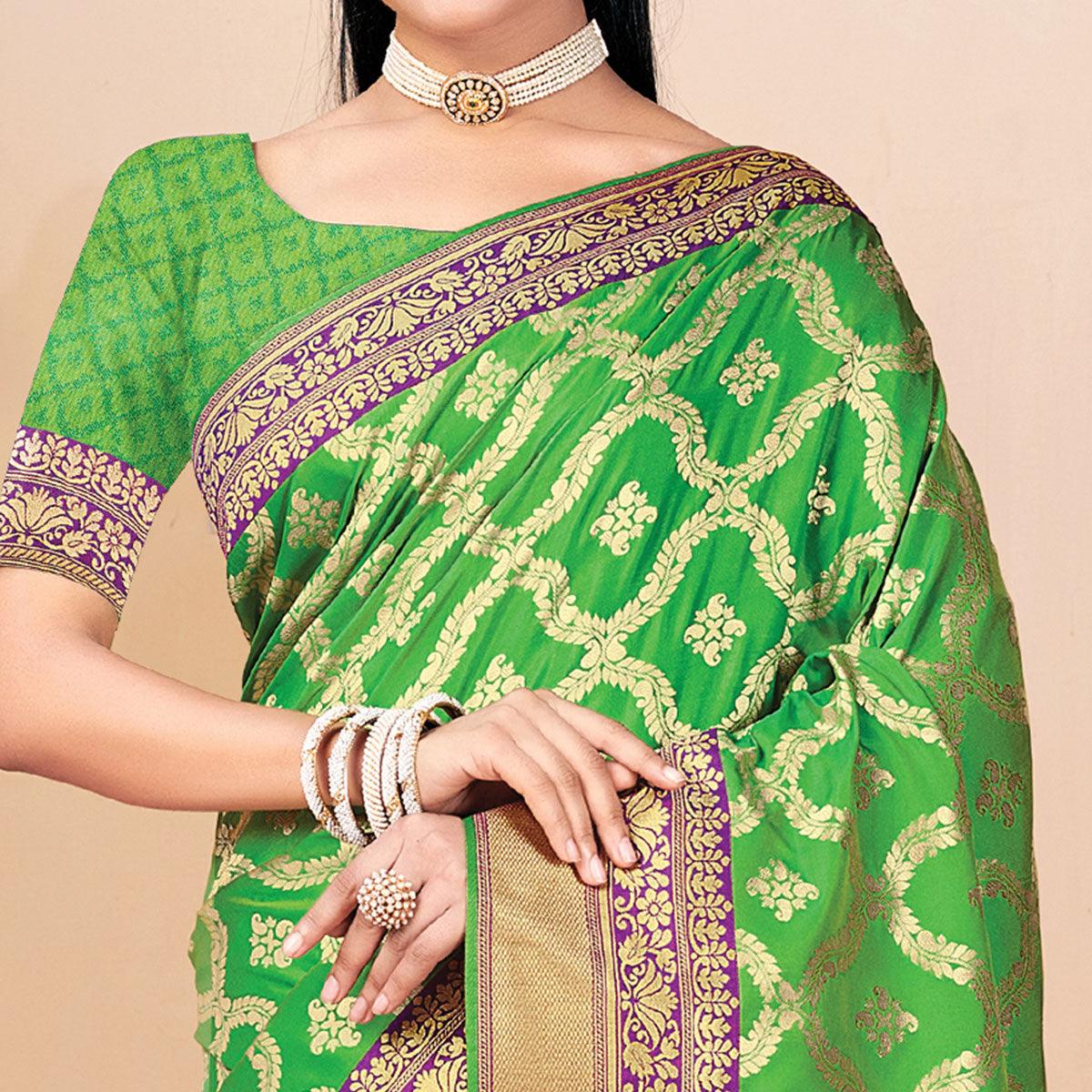 Green Festive Wear Woven Banarasi Silk Saree - Peachmode