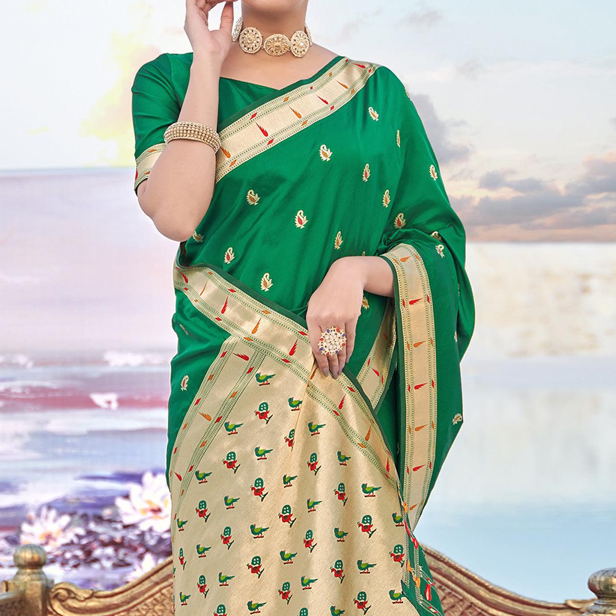 Green Festive Wear Woven Banarasi Silk Saree - Peachmode