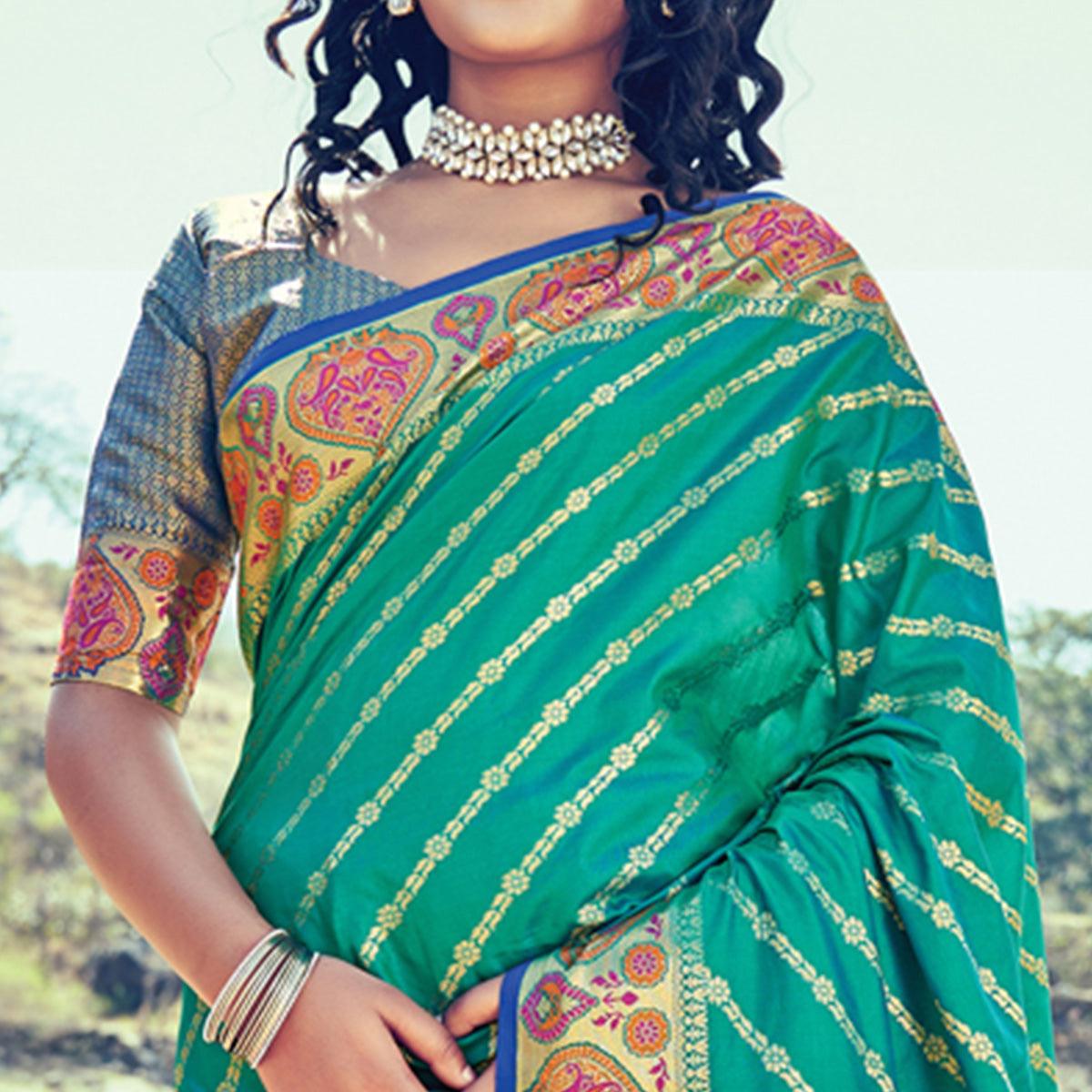 Green Festive Wear Woven Banarasi Silk Saree - Peachmode