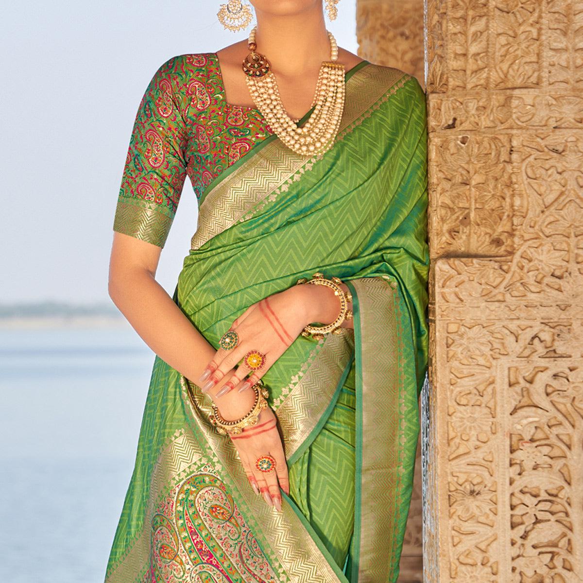 Green Festive Wear Woven Banarasi Silk Saree - Peachmode