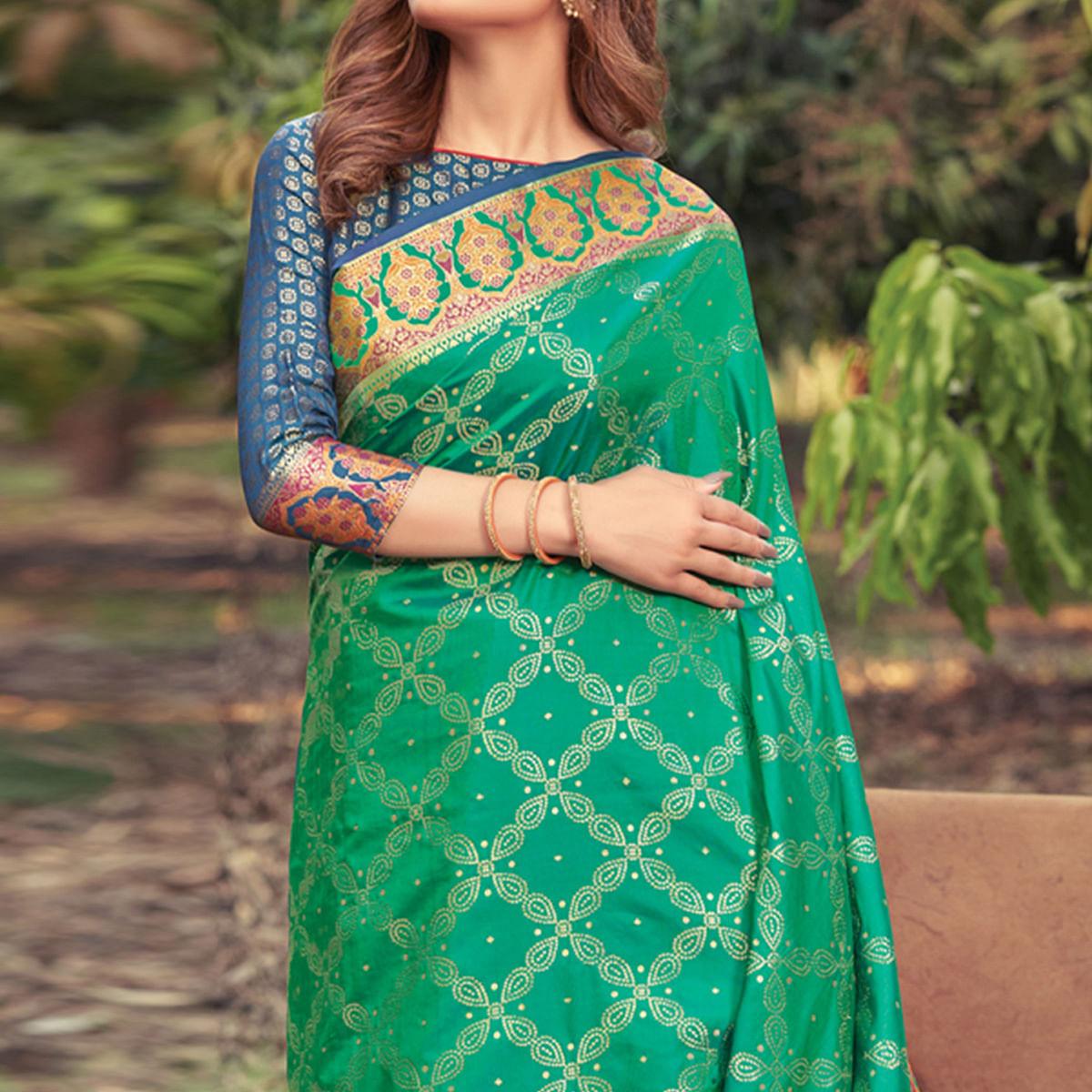 Green Festive Wear Woven Banarasi Silk Saree - Peachmode