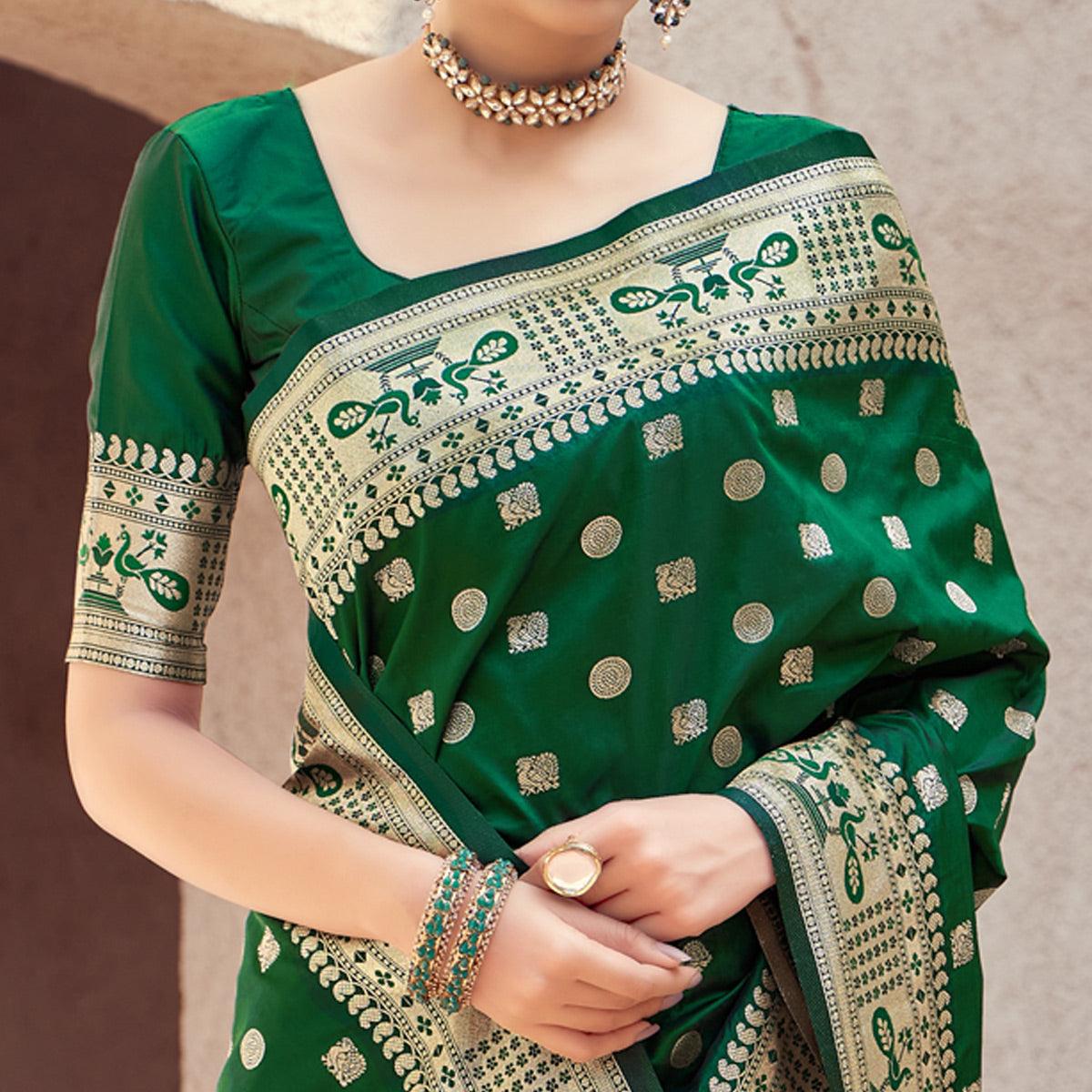 Green Festive Wear Woven Banarasi Silk Saree - Peachmode