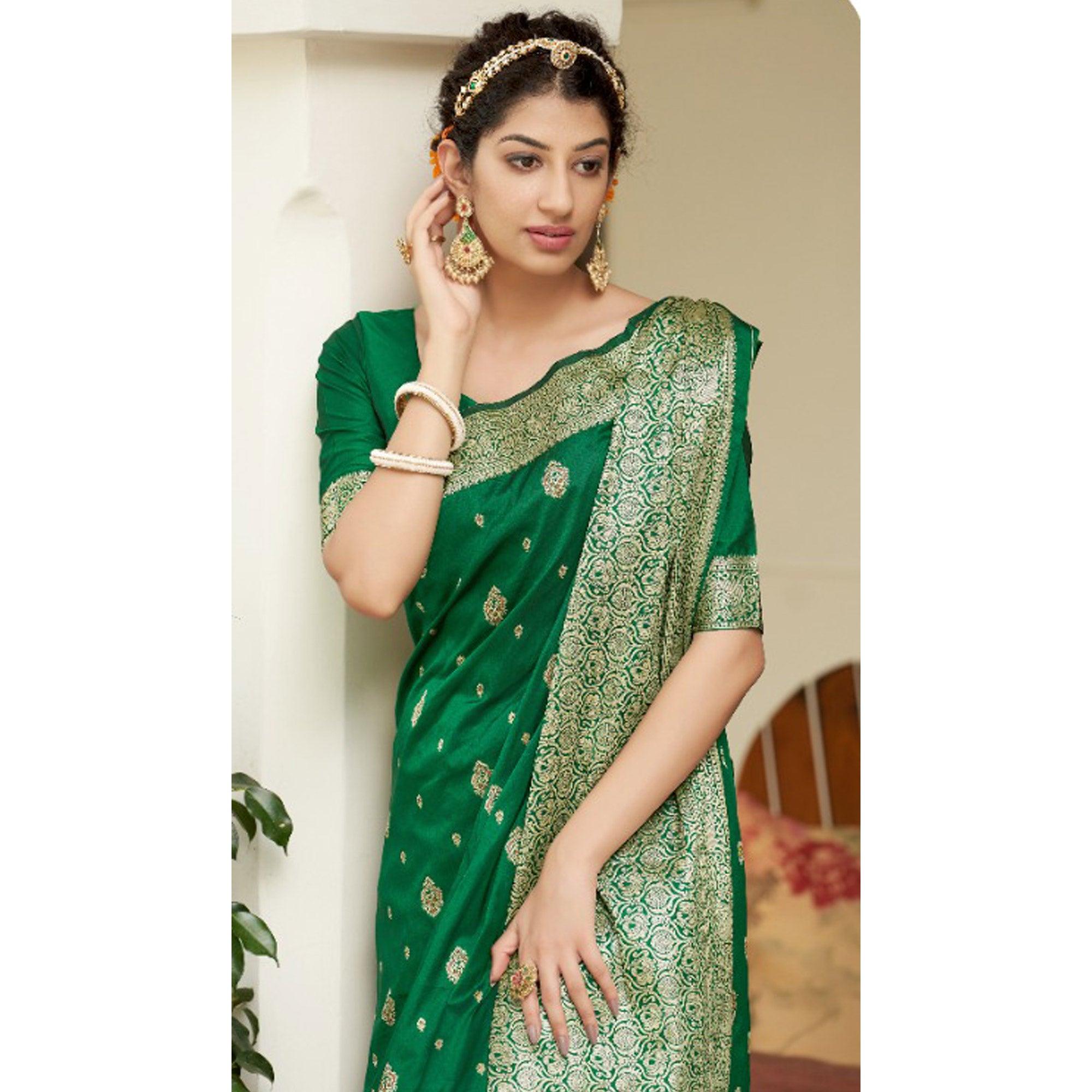 Green Festive Wear Woven Banarasi Silk Saree - Peachmode