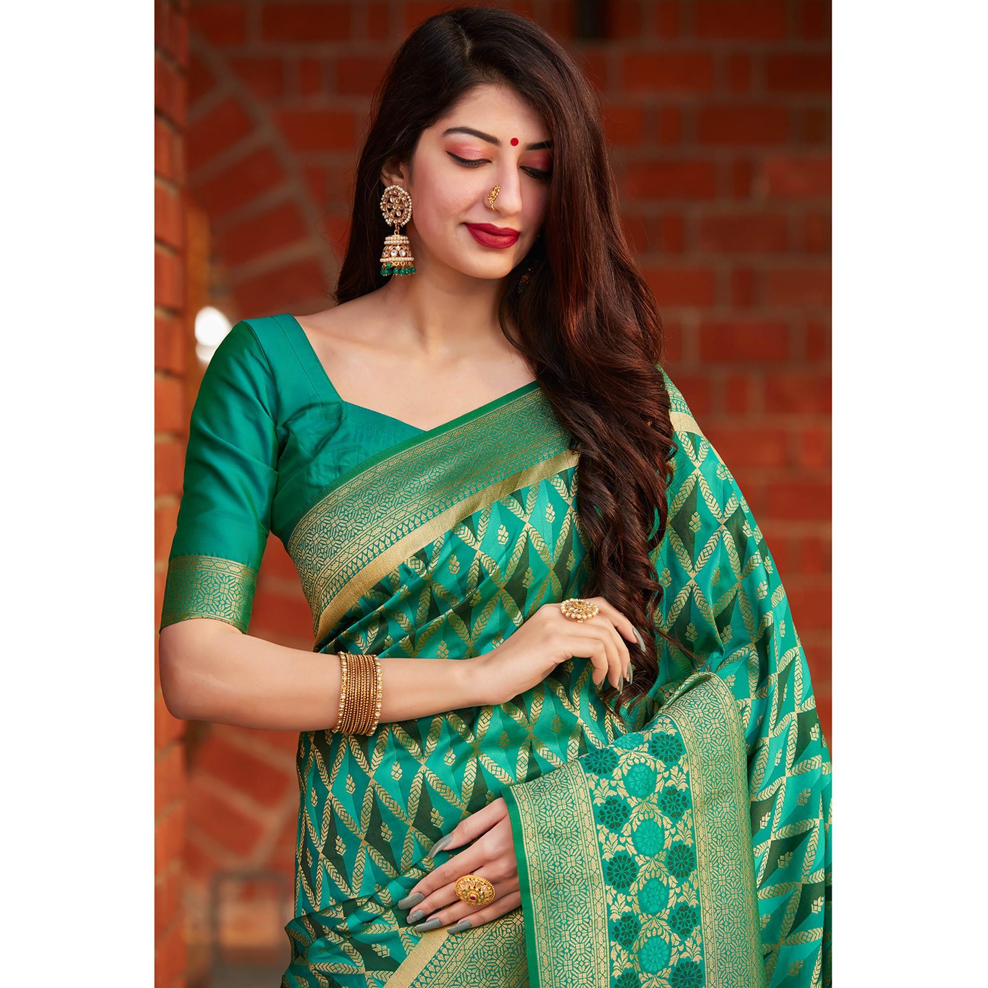 Green Festive Wear Woven Banarasi Silk Saree - Peachmode