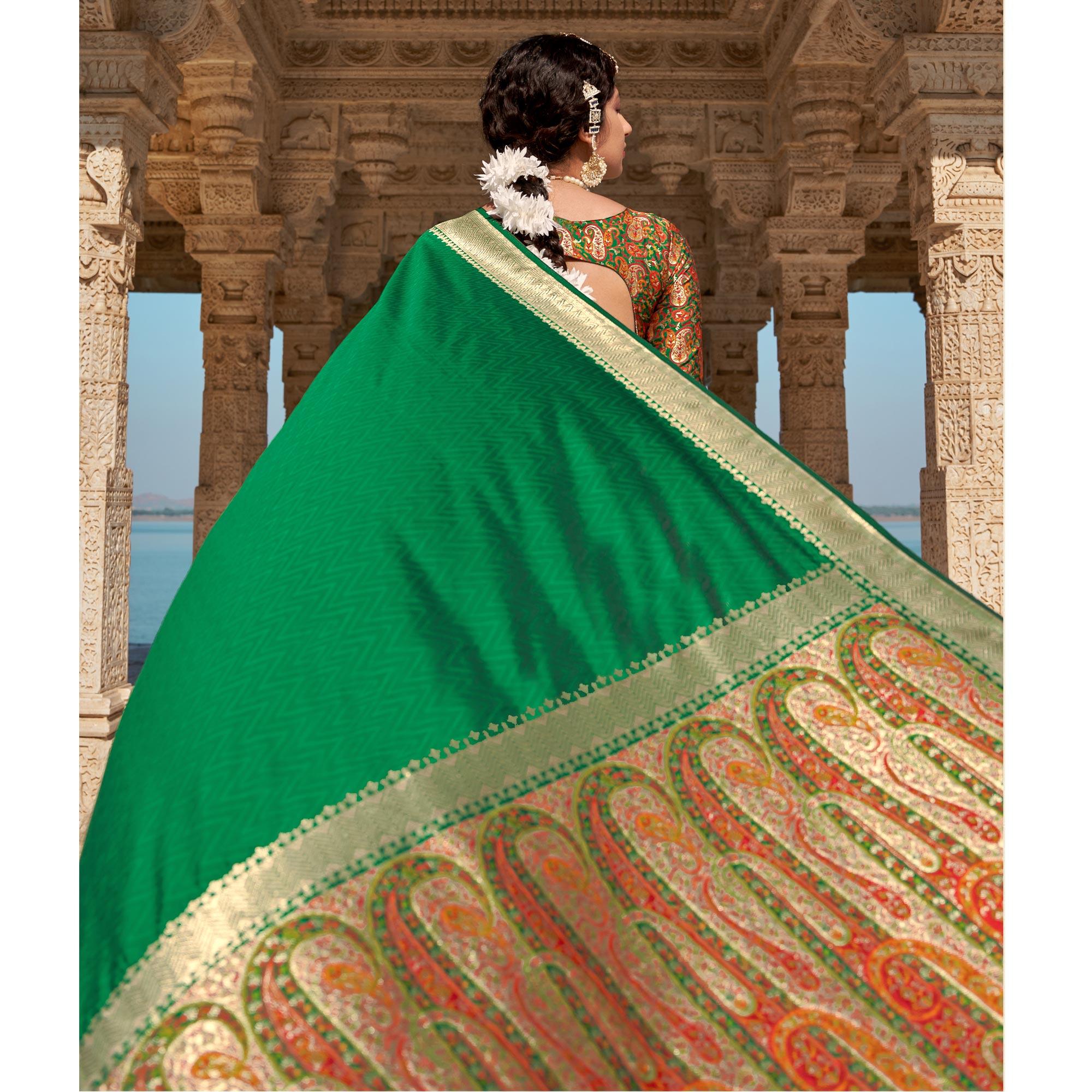 Green Festive Wear Woven Banarasi Silk Saree - Peachmode