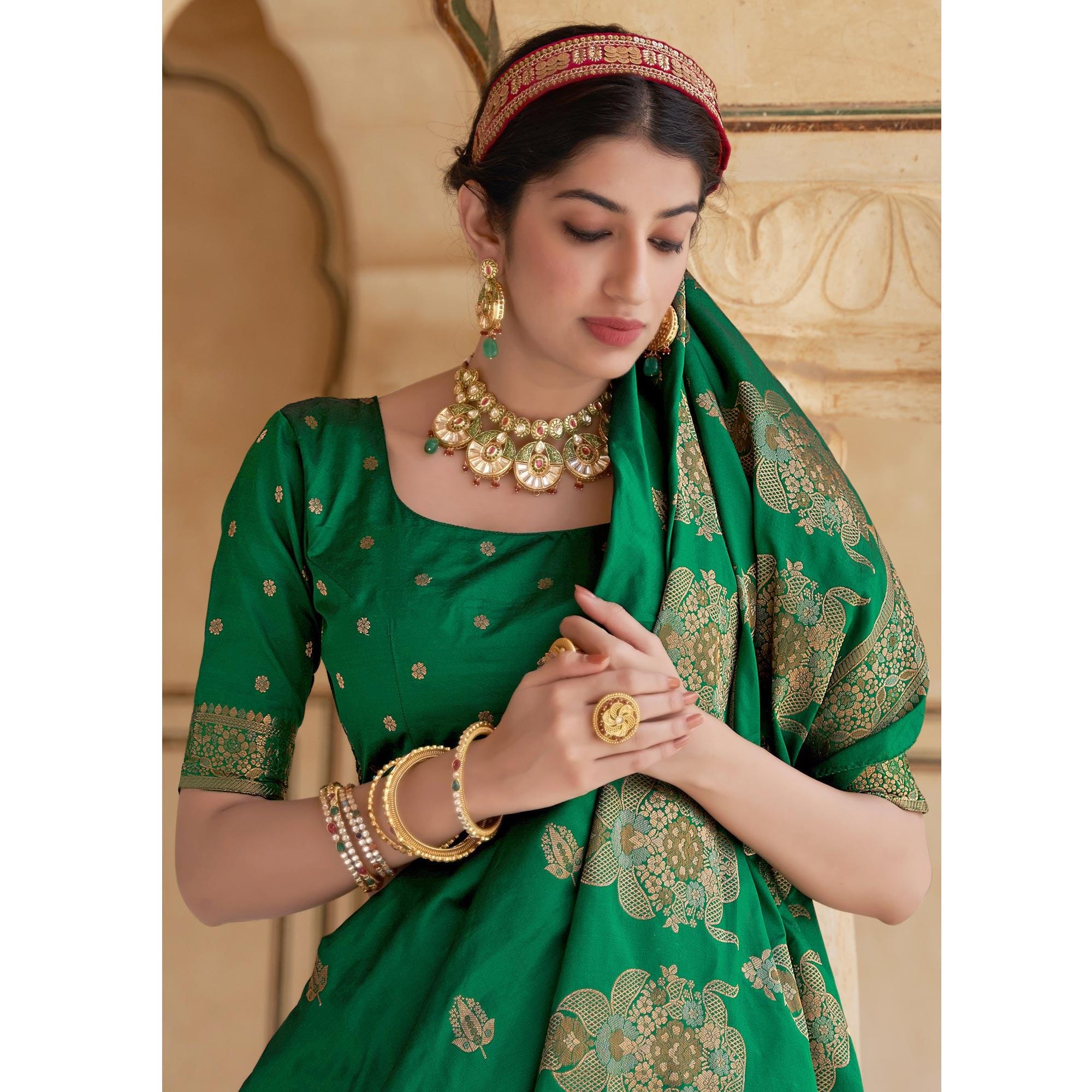 Green Festive Wear Woven Banarasi Silk Saree - Peachmode