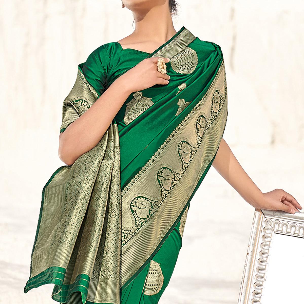 Green Festive Wear Woven Banarasi Silk Saree - Peachmode