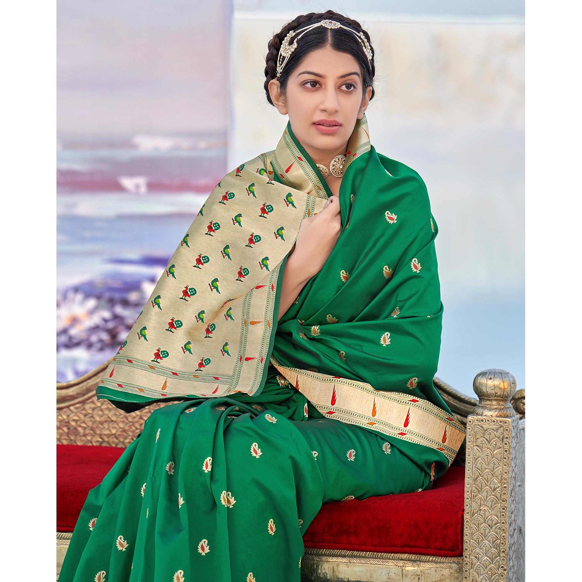 Green Festive Wear Woven Banarasi Silk Saree - Peachmode