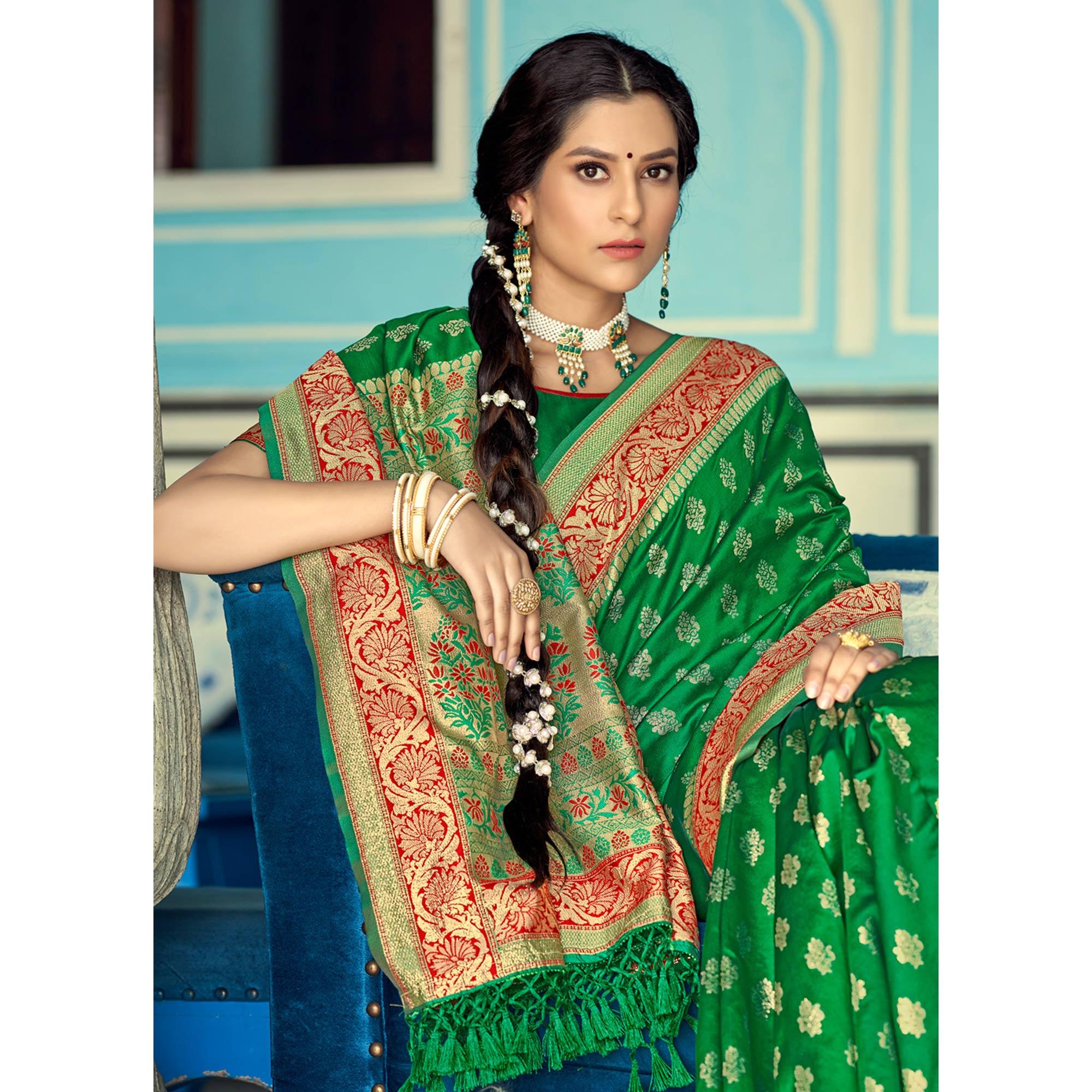 Green Festive Wear Woven Banarasi Silk Saree - Peachmode
