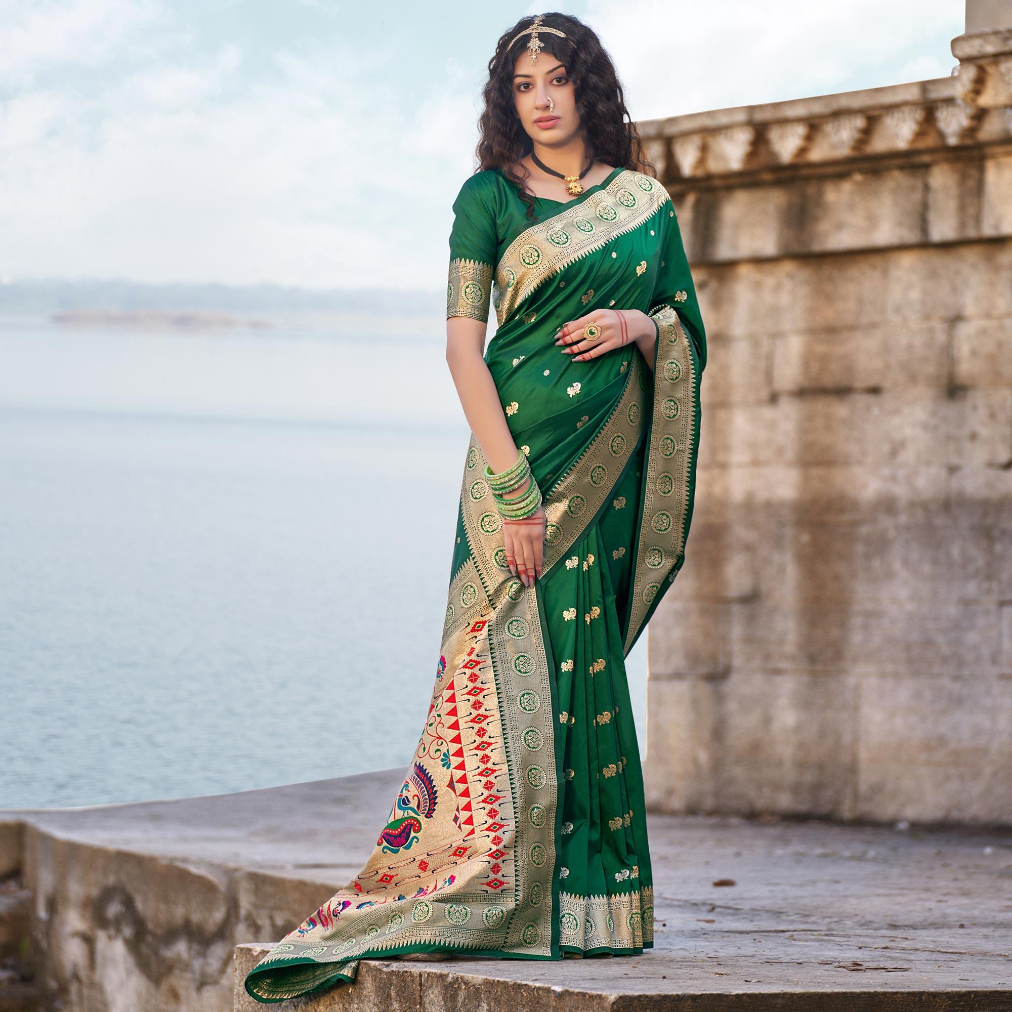 Green Festive Wear Woven Banarasi Silk Saree - Peachmode