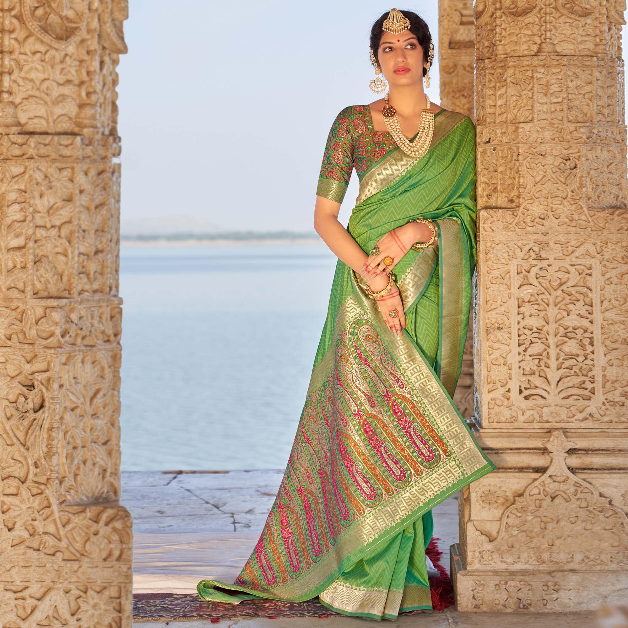 Green Festive Wear Woven Banarasi Silk Saree - Peachmode