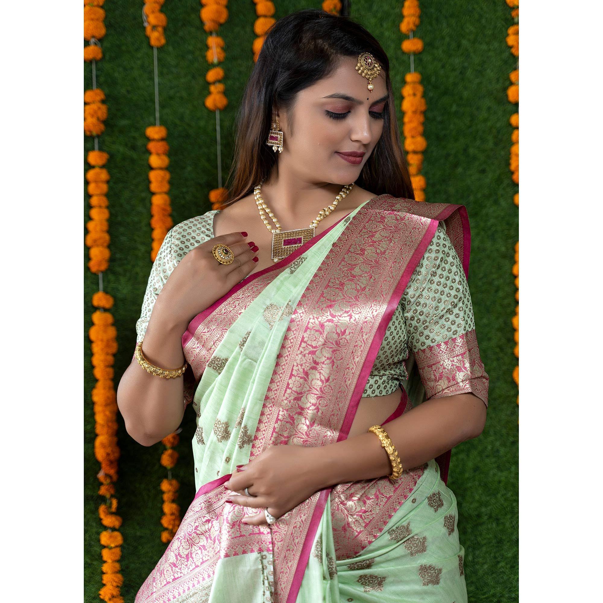 Green Festive Wear Woven Banarasi Silk Saree - Peachmode