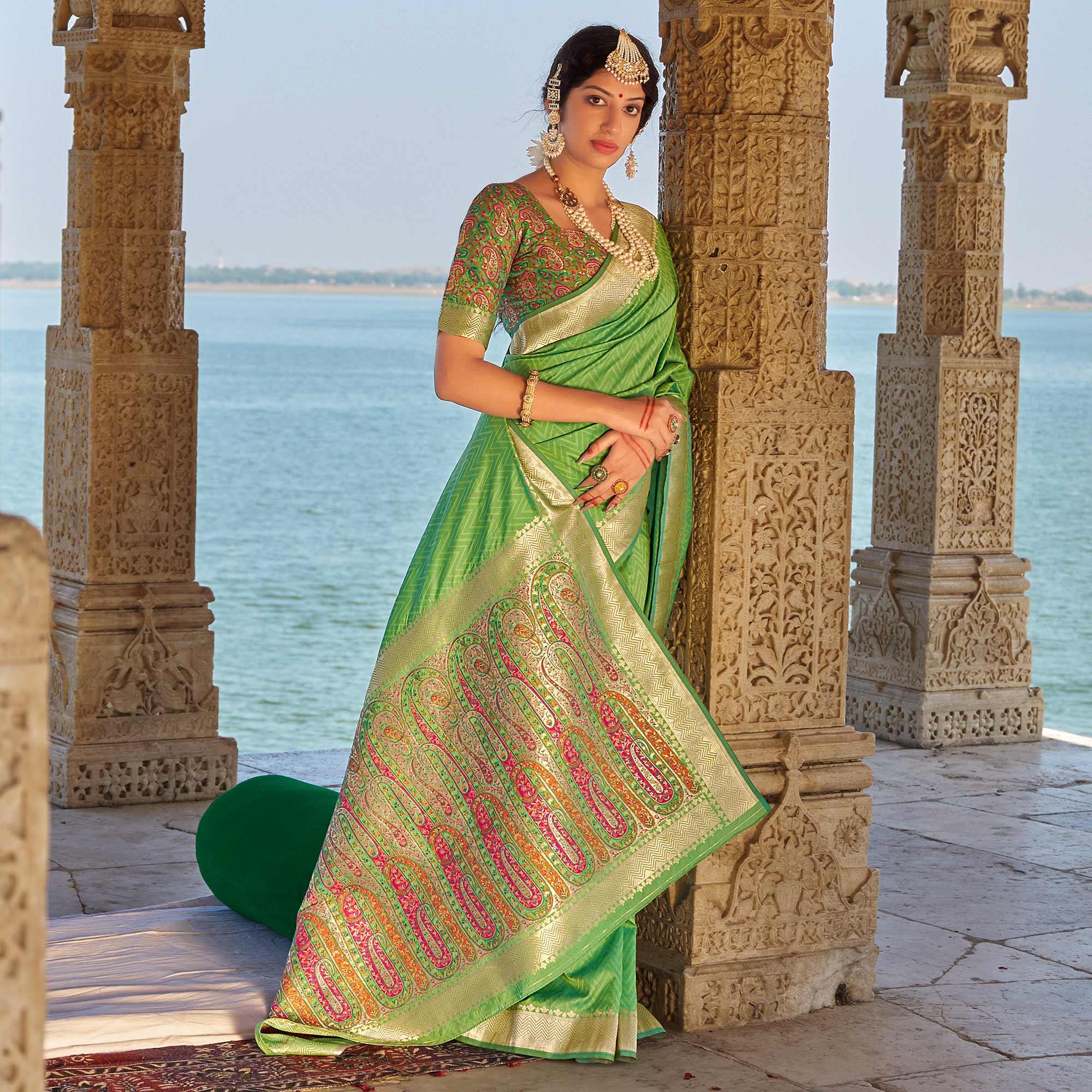 Green Festive Wear Woven Banarasi Silk Saree - Peachmode