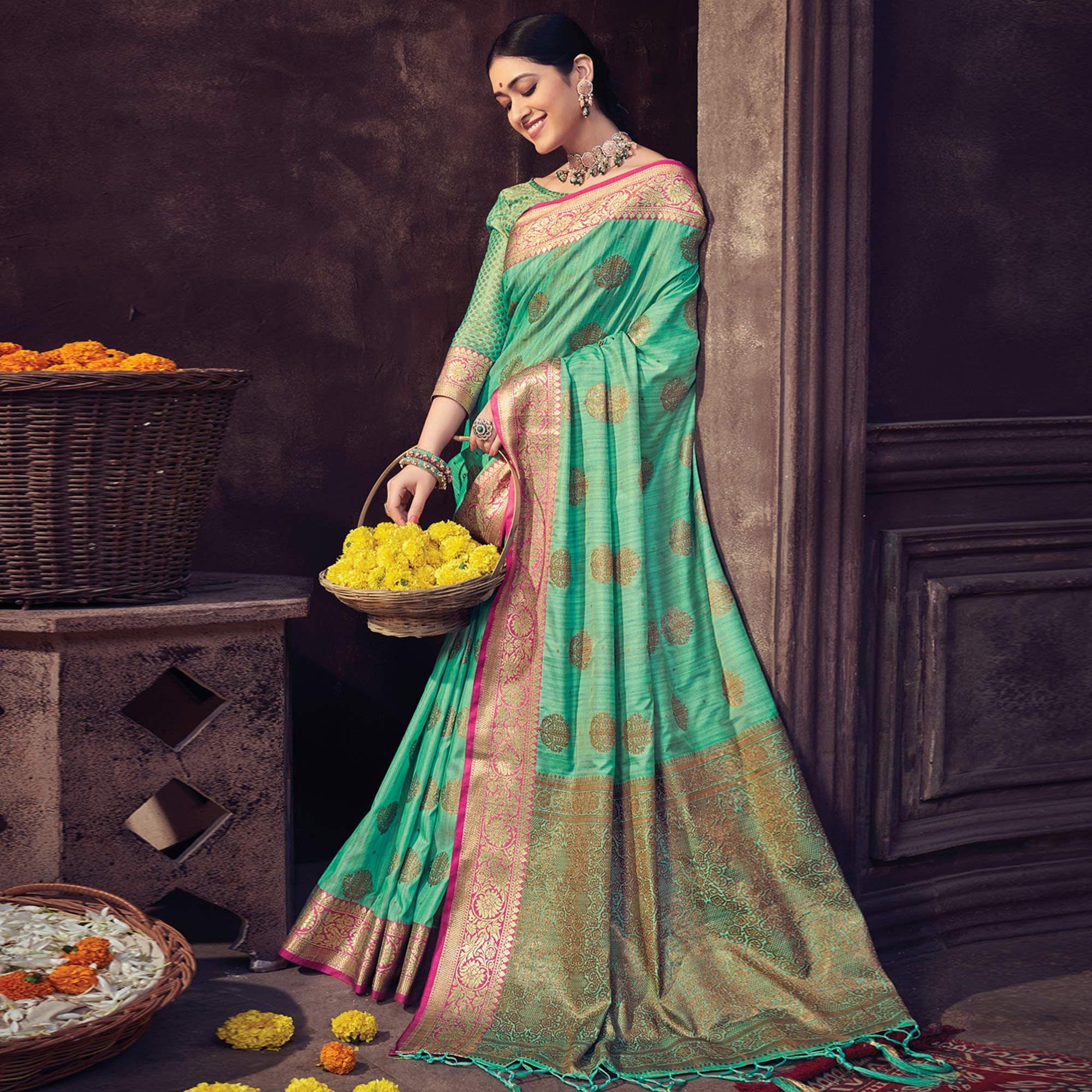 Green Festive Wear Woven Banarasi Silk Saree With Tassels - Peachmode