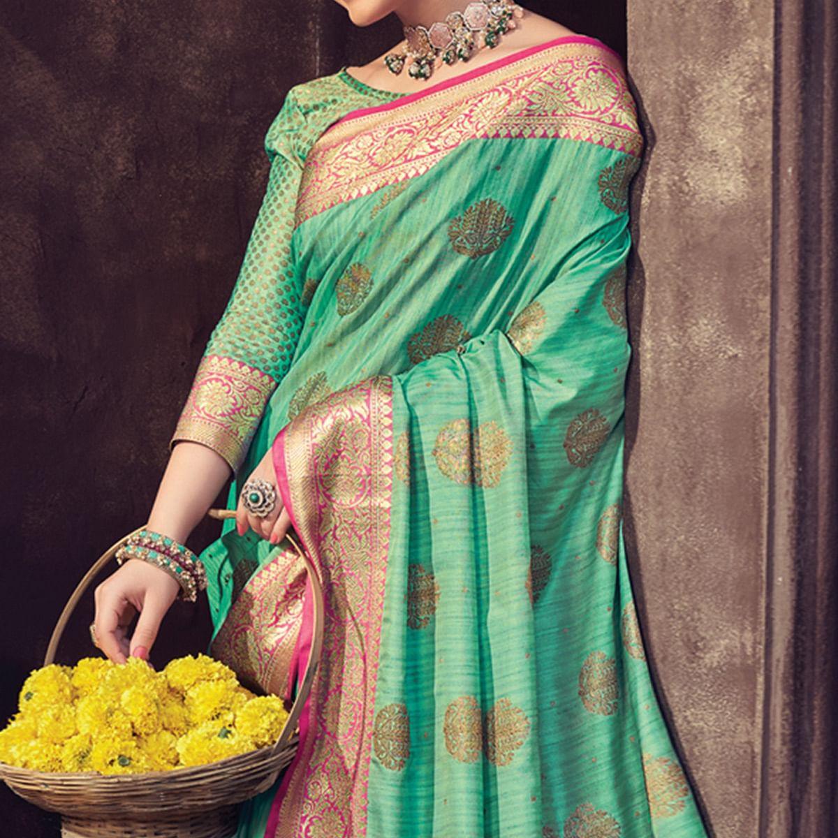 Green Festive Wear Woven Banarasi Silk Saree With Tassels - Peachmode